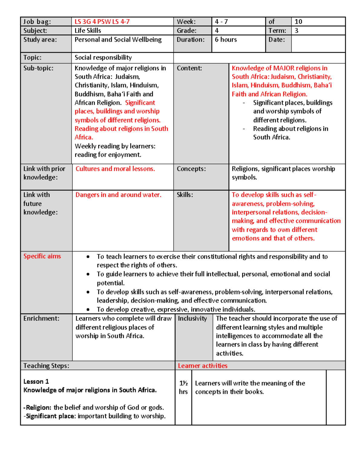 LS3 G4 PSW Lessons 4-7 - Assignment - Job bag: LS 3G 4 PSW LS 4- 7 Week ...