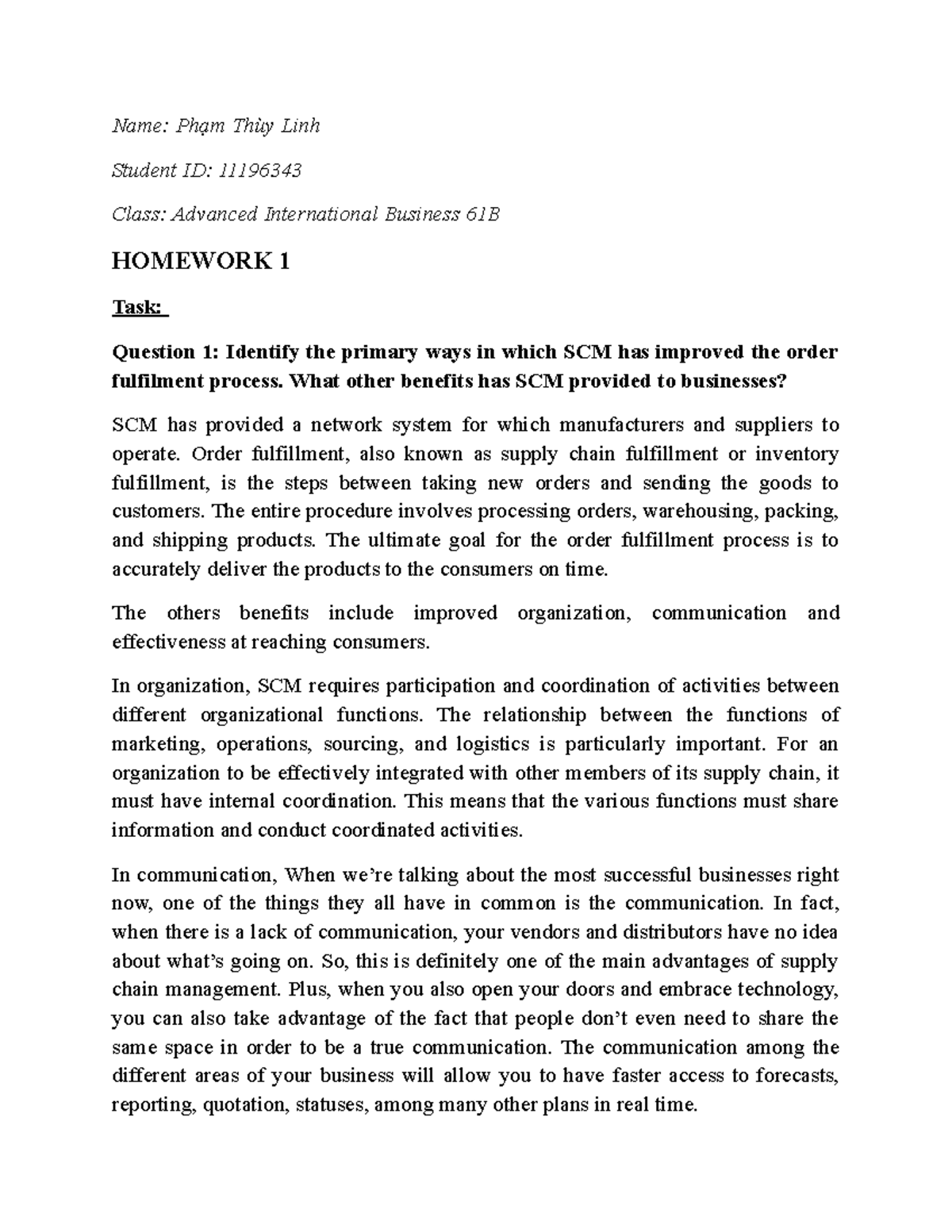 Homework 1 Supply Chain - Name: Phạm Thùy Linh Student ID: 11196343 ...