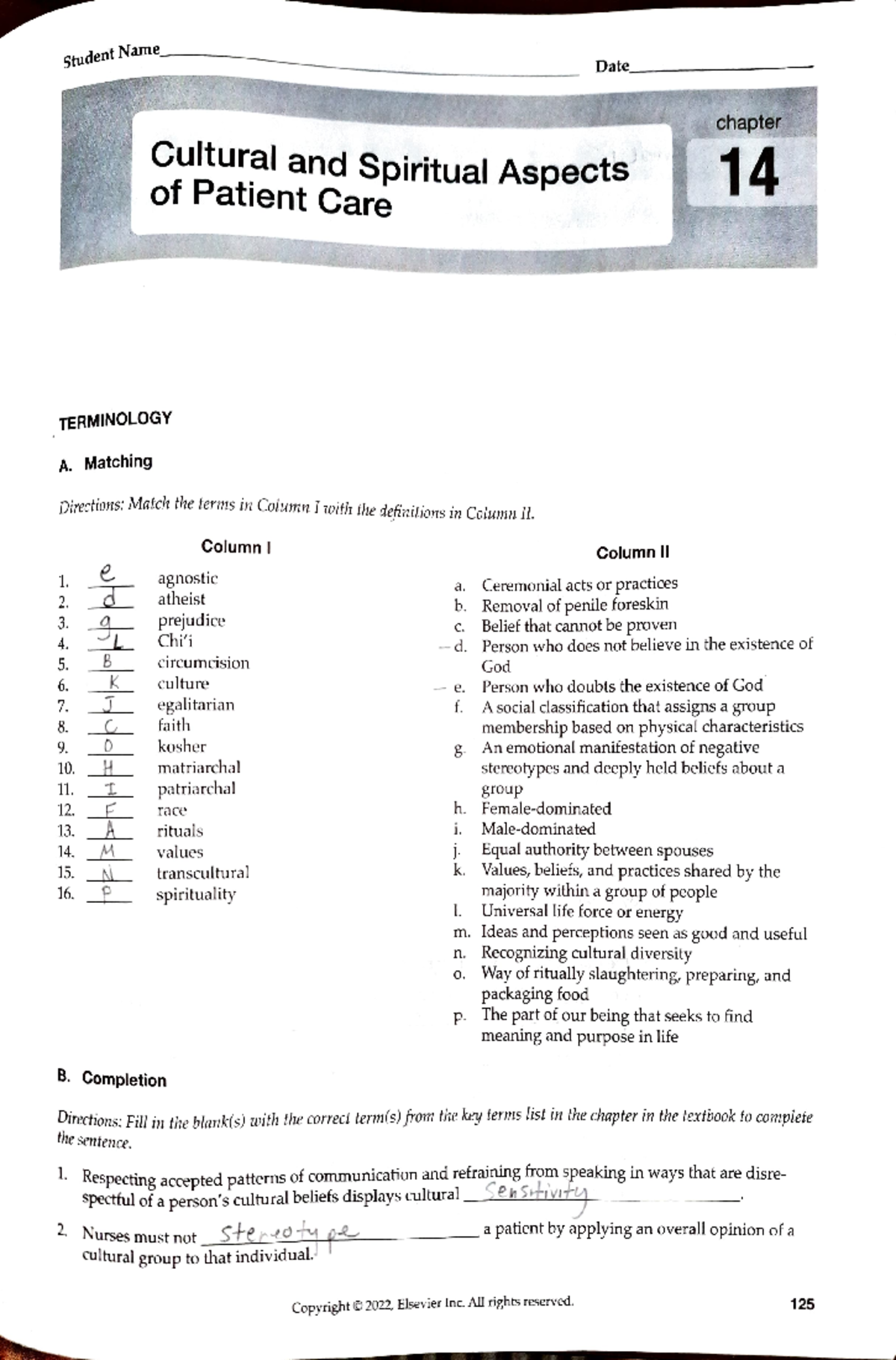 Ch14 Study Guide: Cultural and Spiritual Aspects of Patient Care in ...