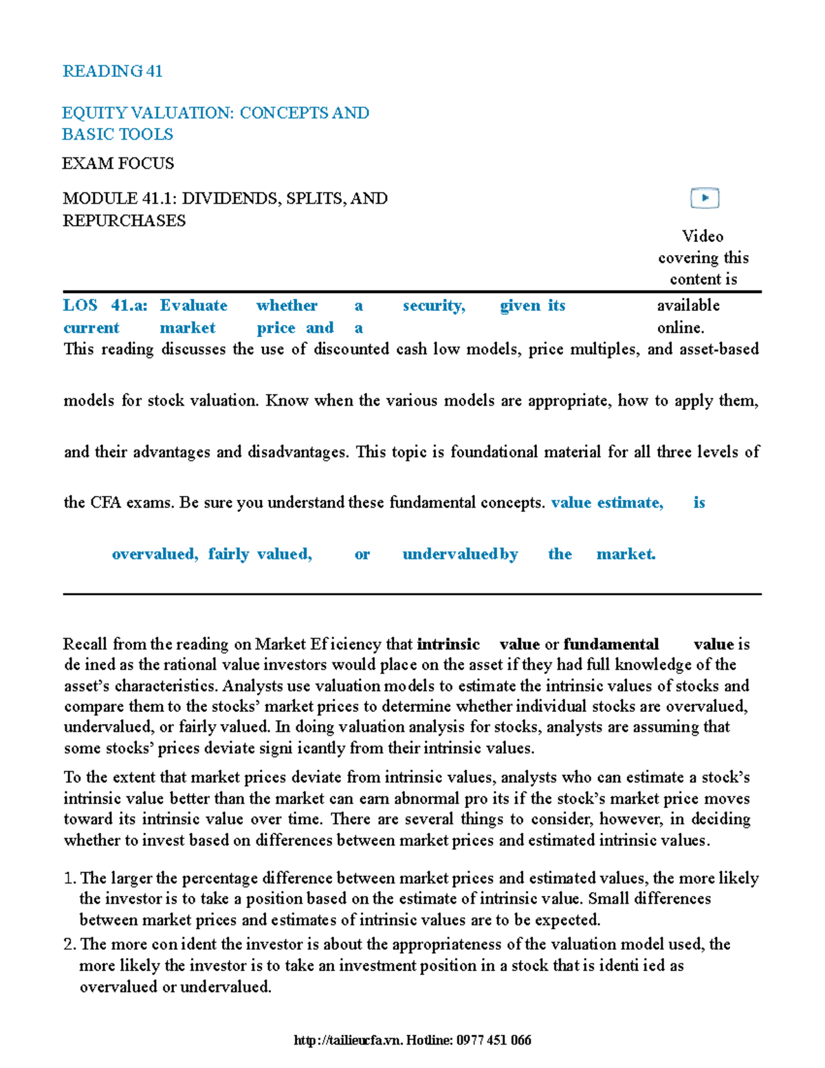 Equity Valuation Concepts and Tools - CFA Module 41 Overview - Studocu