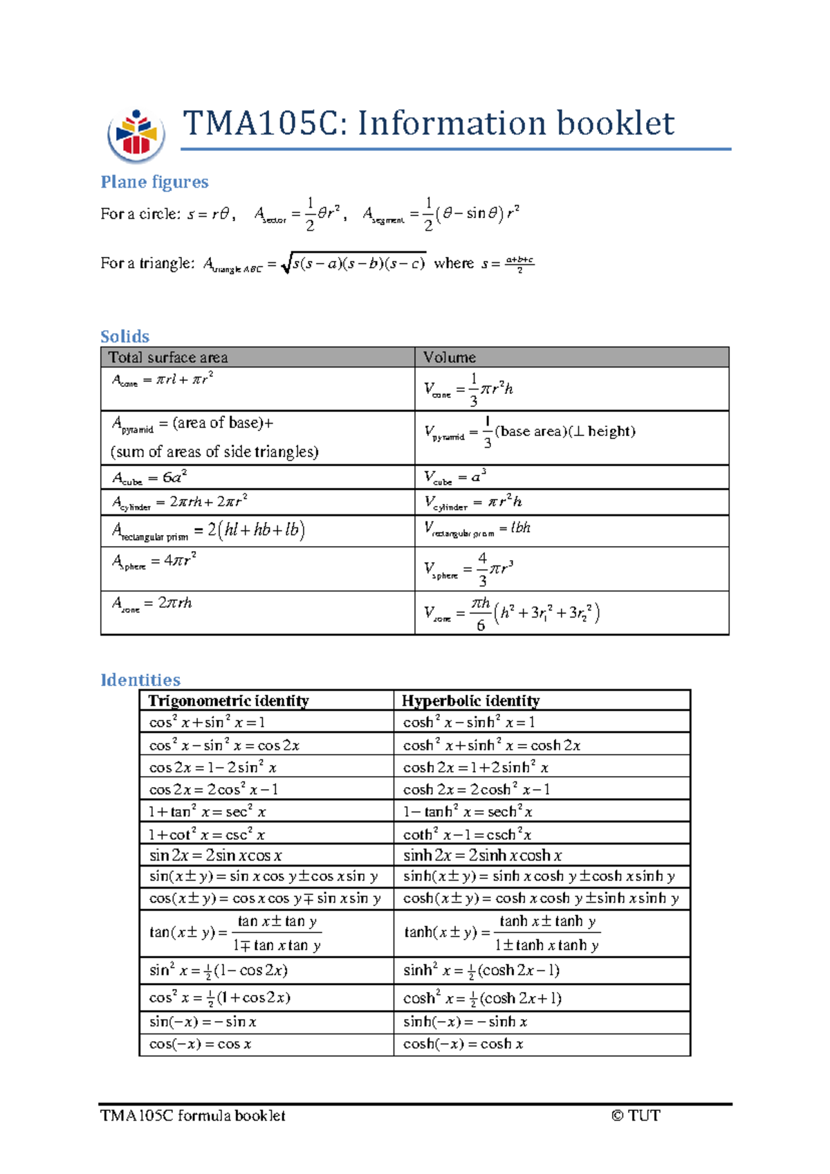 Formula Booklet 2019 - TMA105C formula booklet © TUT TMA105C ...