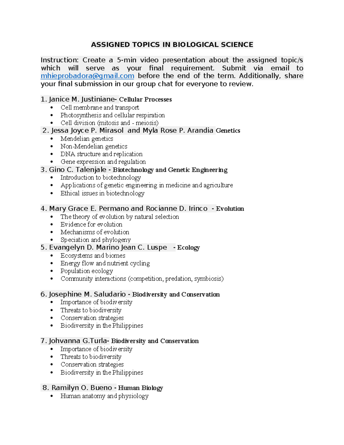 Assigned Topics IN Biological Science - ASSIGNED TOPICS IN BIOLOGICAL ...