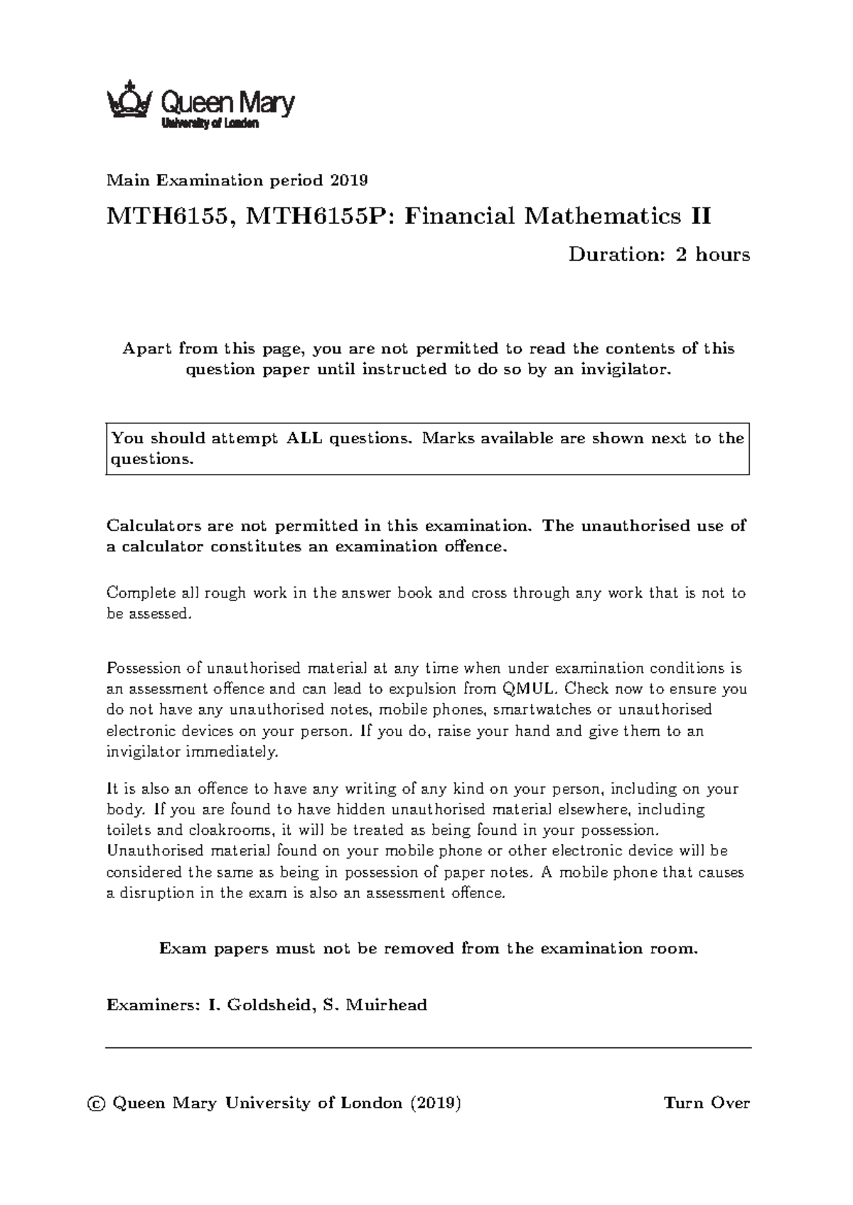 MTH6155 exam May 2019 - Coursework - Main Examination period 2019 ...