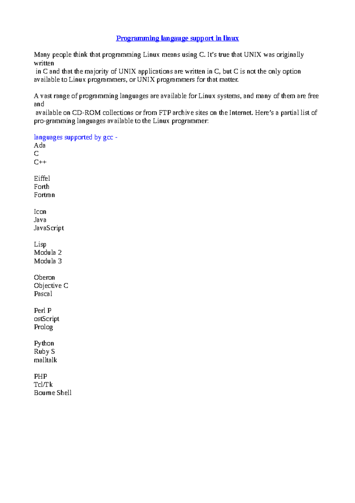 Programming Languages Supported in Linux Systems - Studocu