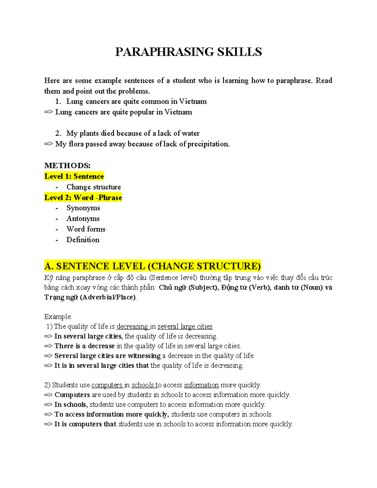 Practice Paraphrasing Skills: Techniques and Examples - Studocu