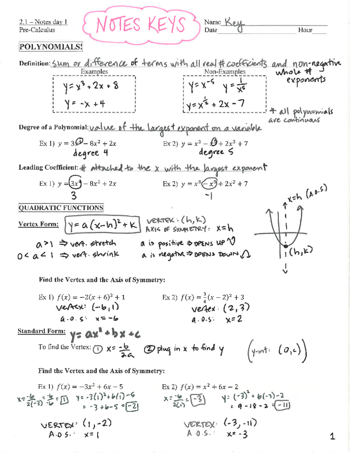 2.1-2.5 Notes Packet 2122 (key) - 2 Notes day 1 N oTES KEYS Name Key ...