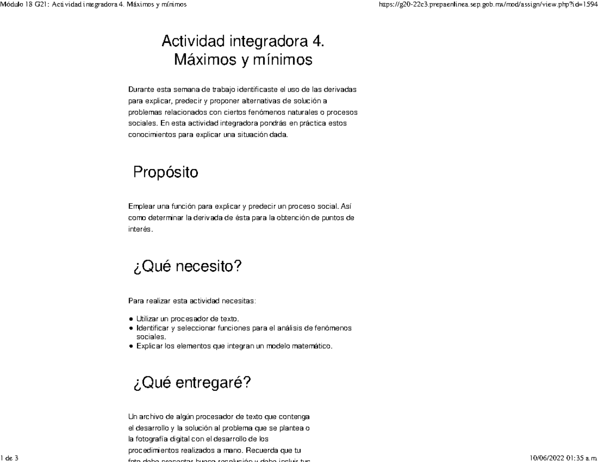 Módulo 18 G21: Actividad Integradora 4 sobre Máximos y Mínimos - Studocu