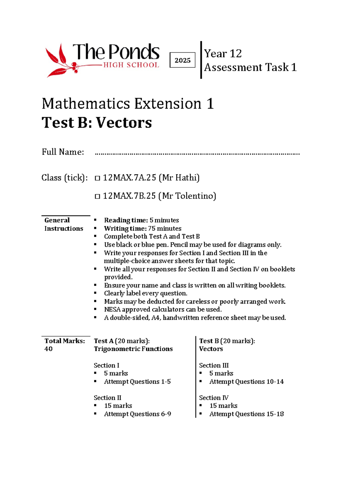 2025 Year 12 Mathematics Extension 1 Assessment Task 1 Test B: Vectors ...