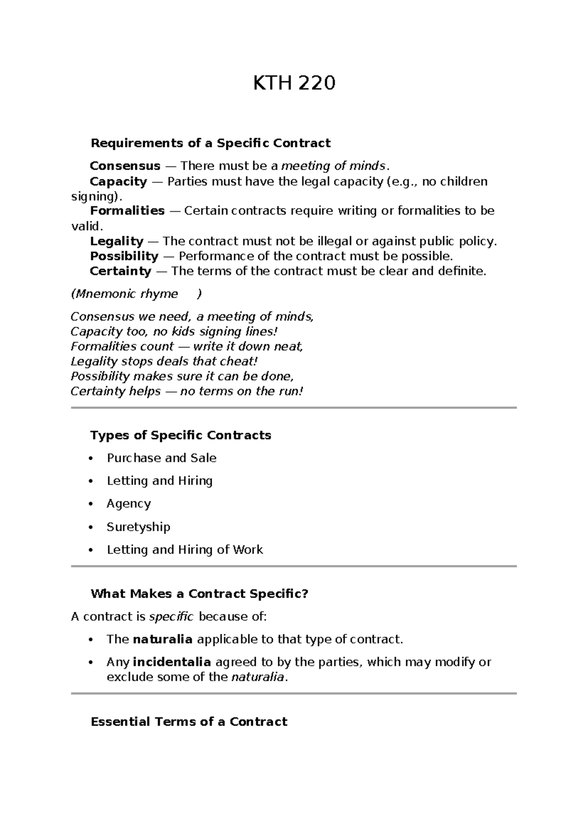 KTH 220 Chapter 1 Notes on Specific Contract Requirements - Studocu