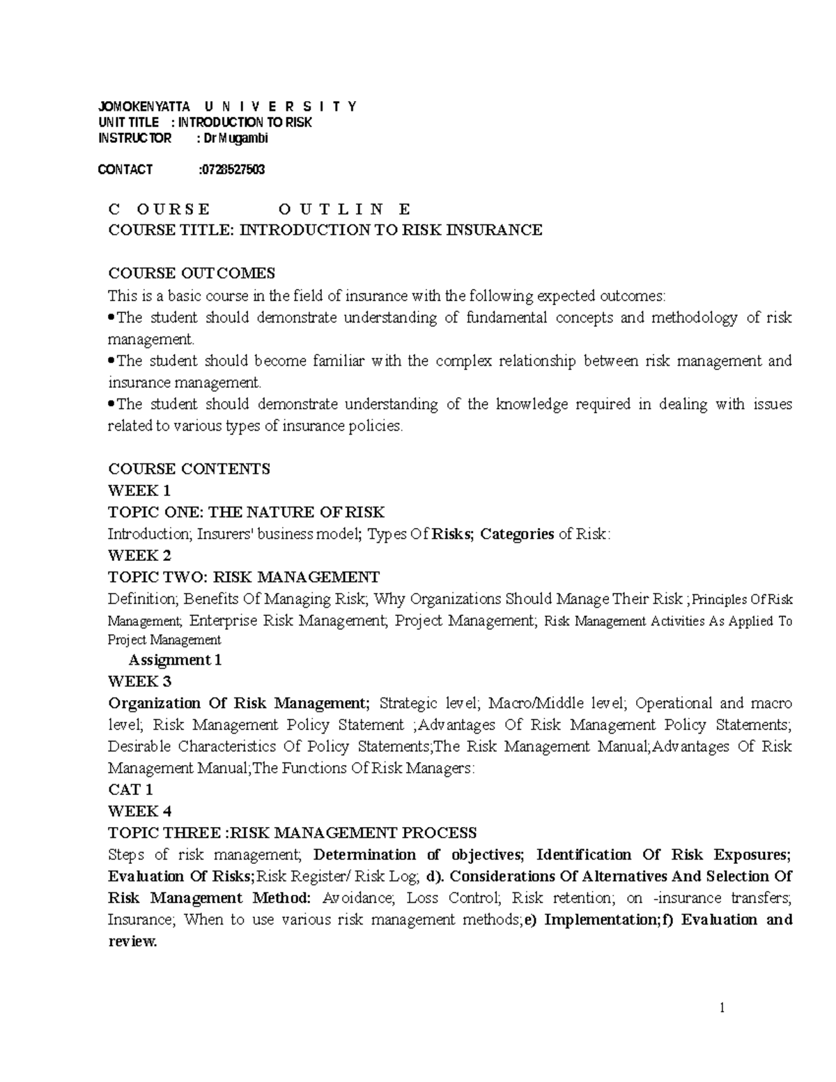 Introduction to Risk Management: JOMOKENYATTA UNIVERSITY INS 101 Notes ...
