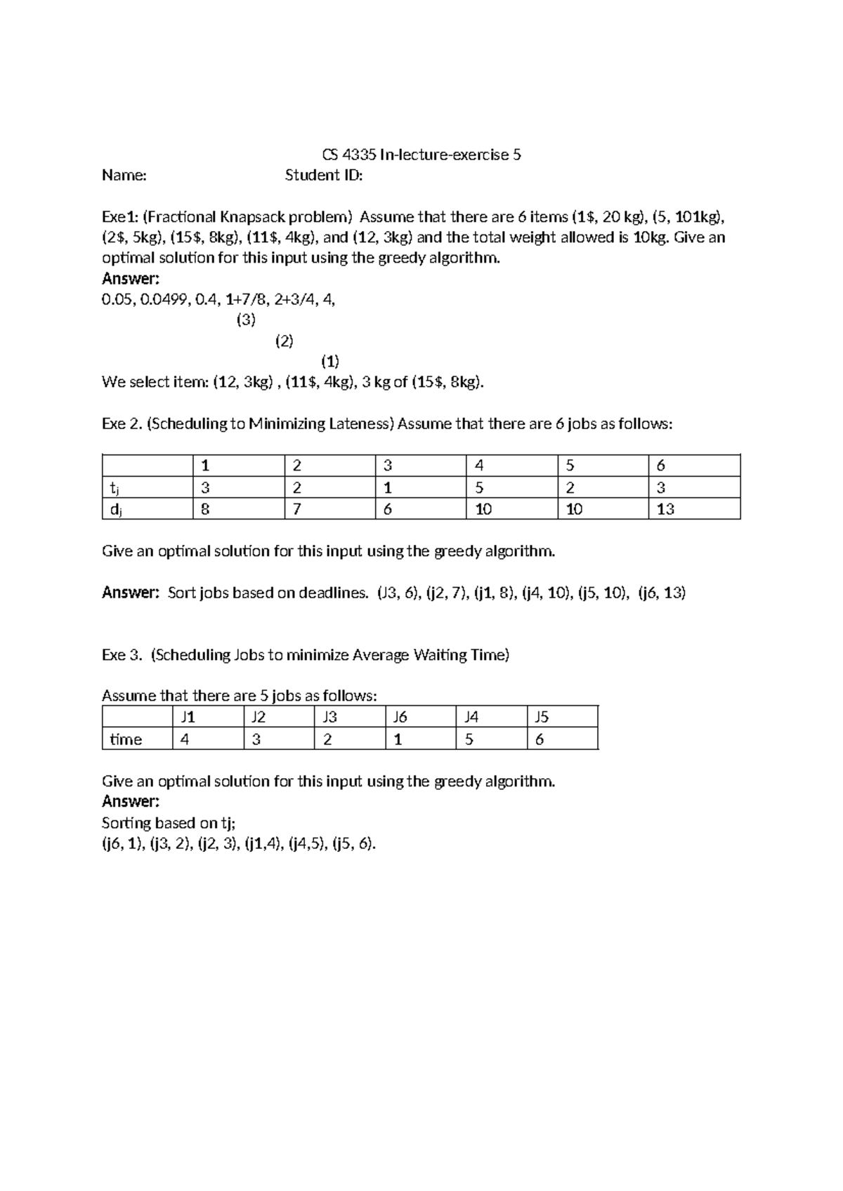 CS 4335 Lecture Exercise 5 Solutions: Greedy Algorithms for ...