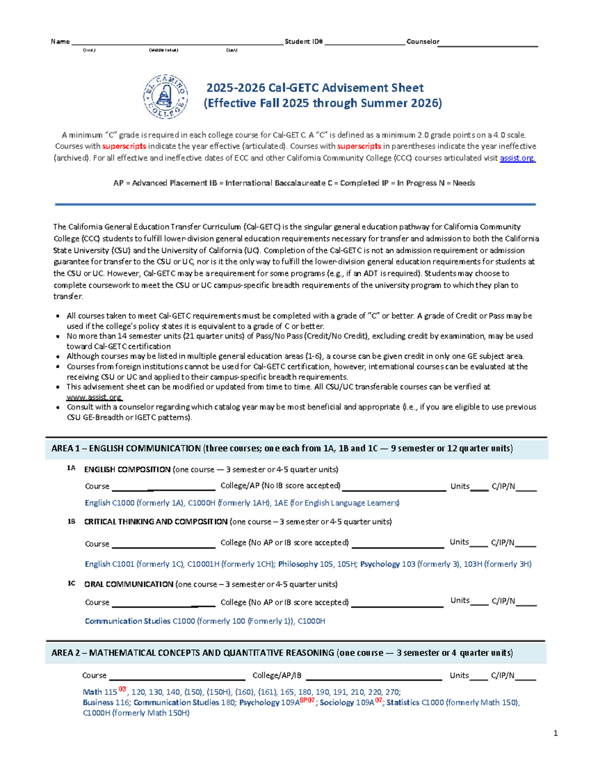 ECC Cal GETC 2025-2026 Advisement Sheet: Syllabus & Classroom ...