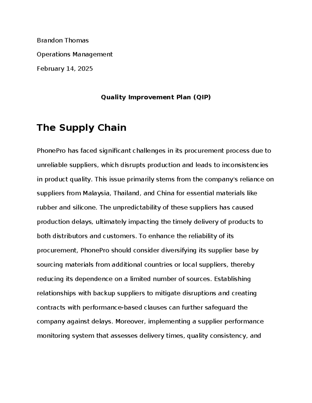 Quality Improvement Plan (QIP) for Operations Management TS4 - Studocu