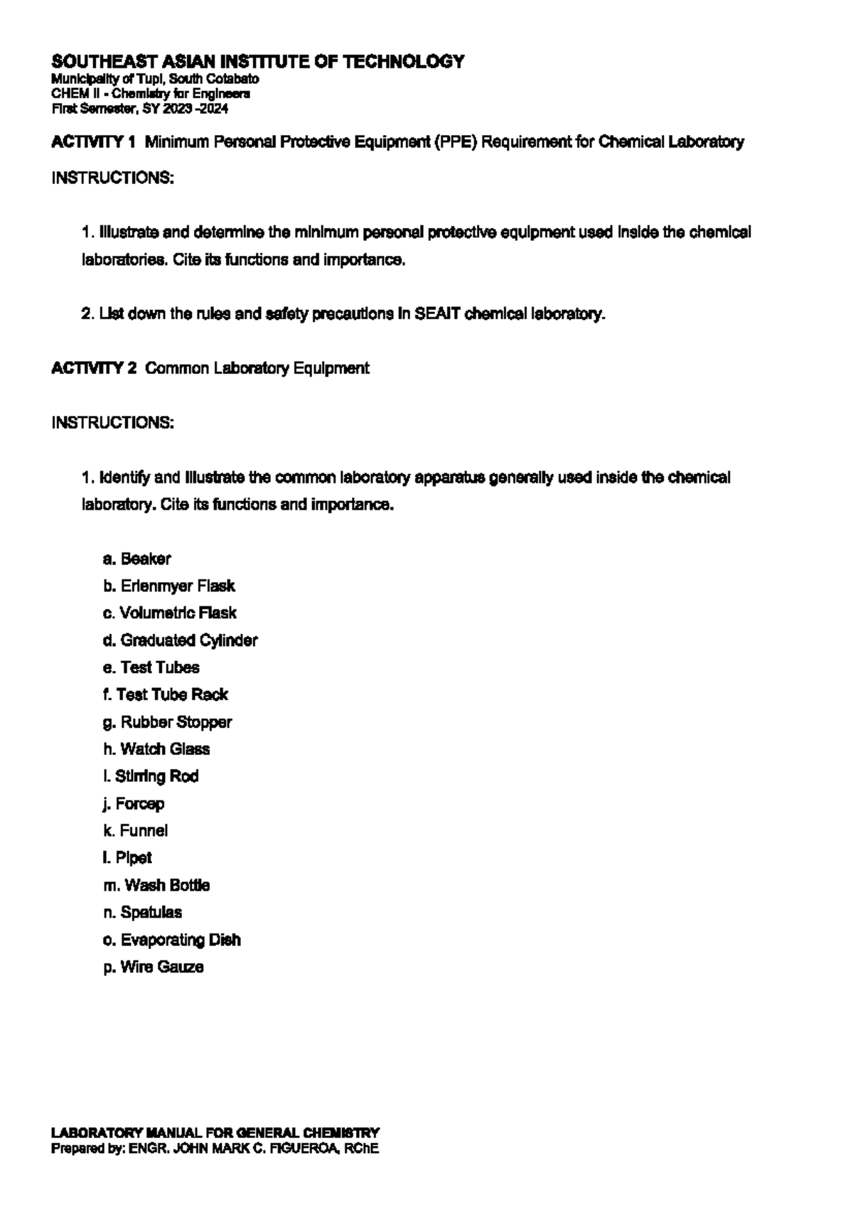 Laboratory Manual: Experiments 1 & 2 - CHEM II (Chemistry for Engineers ...