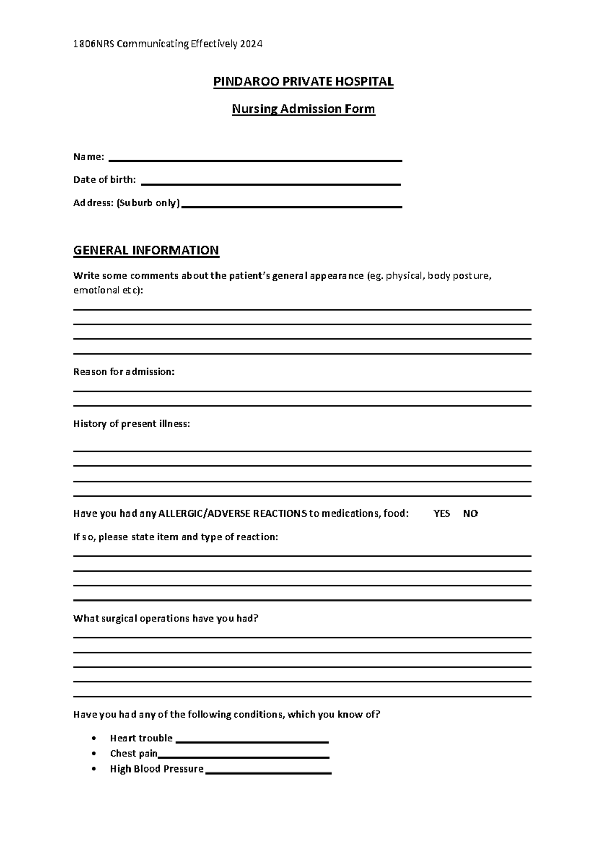 1806NRS Nursing Admission Form: Patient Interview Practice Guide - Studocu