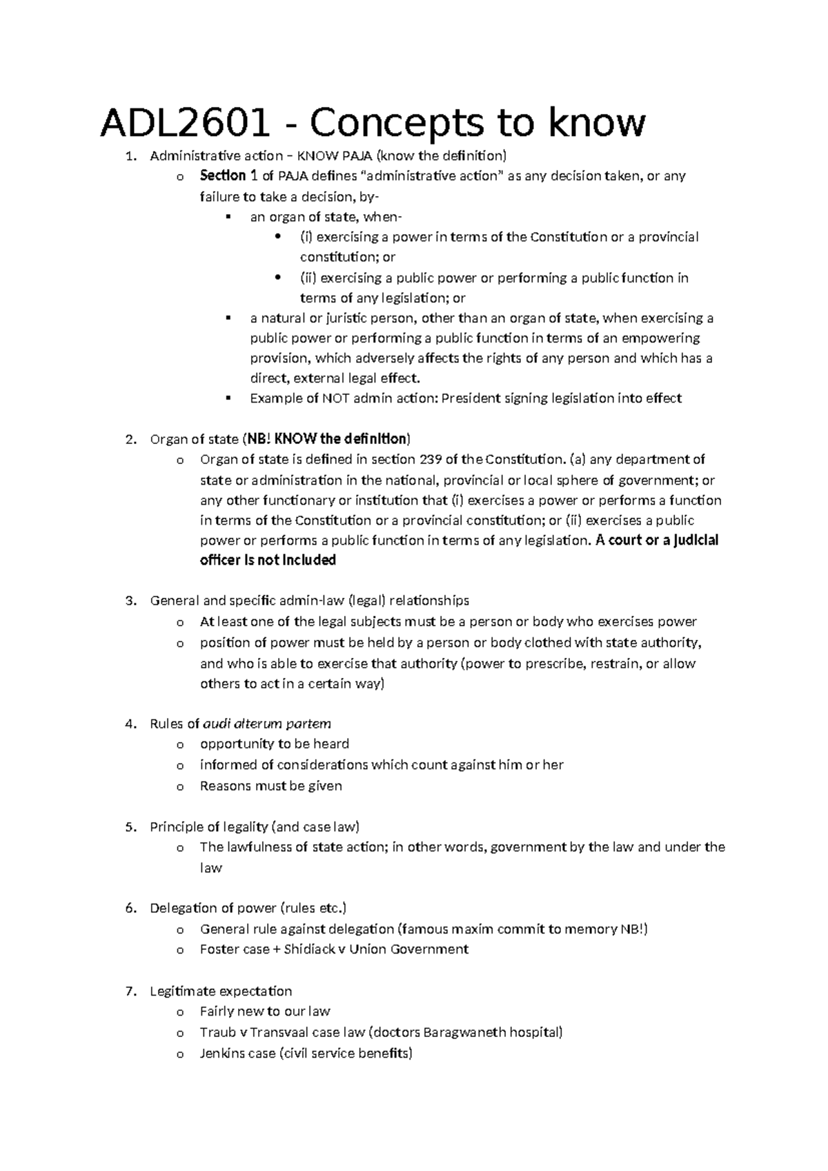 ADL2601 - Key Concepts in Administrative Law for Exam Preparation - Studocu