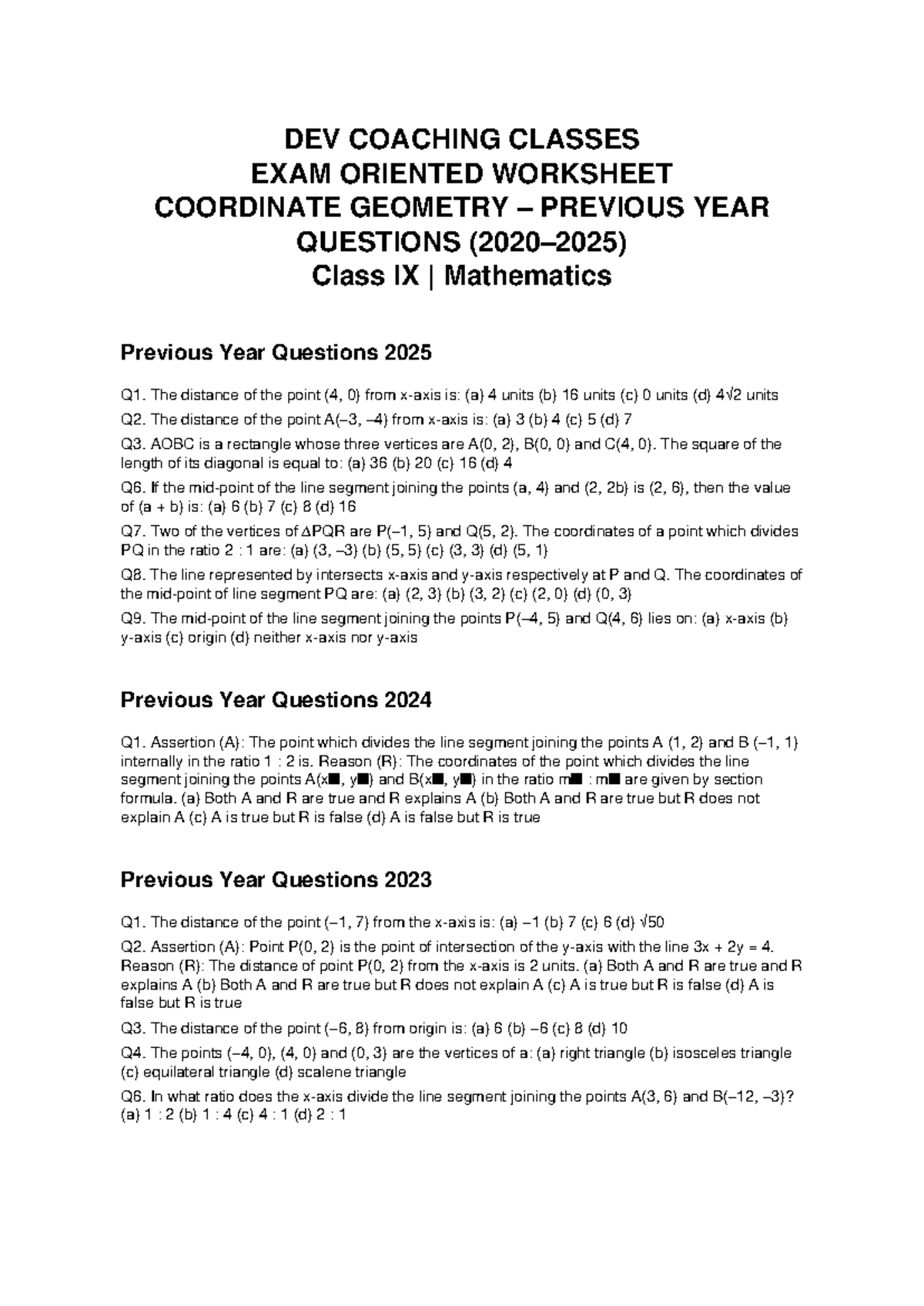DEV COACHING CLASSES COORDINATE GEOMETRY PREVIOUS YEAR Qs Class IX ...