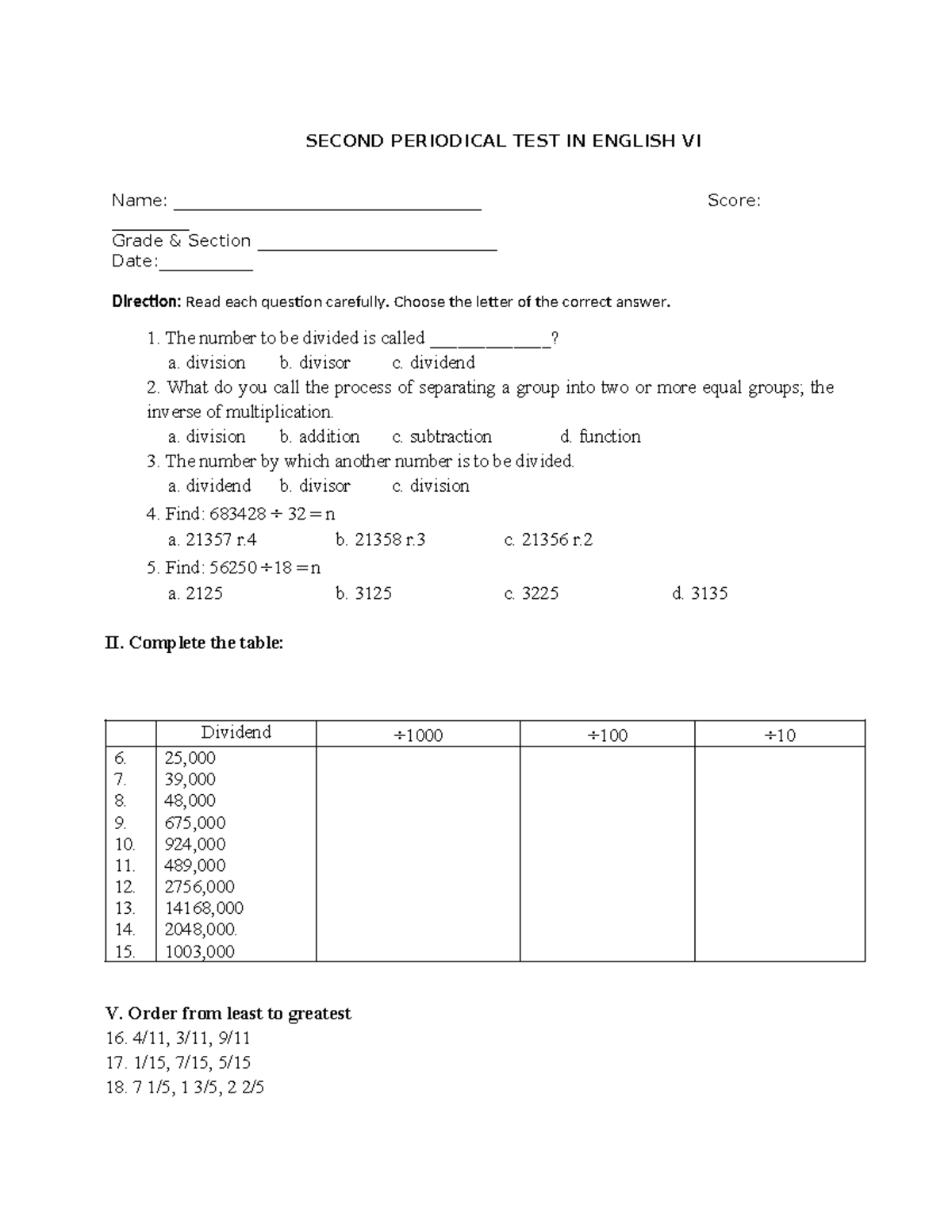 PT Mathematics 6 Q2: Second Periodical Test Review - Studocu