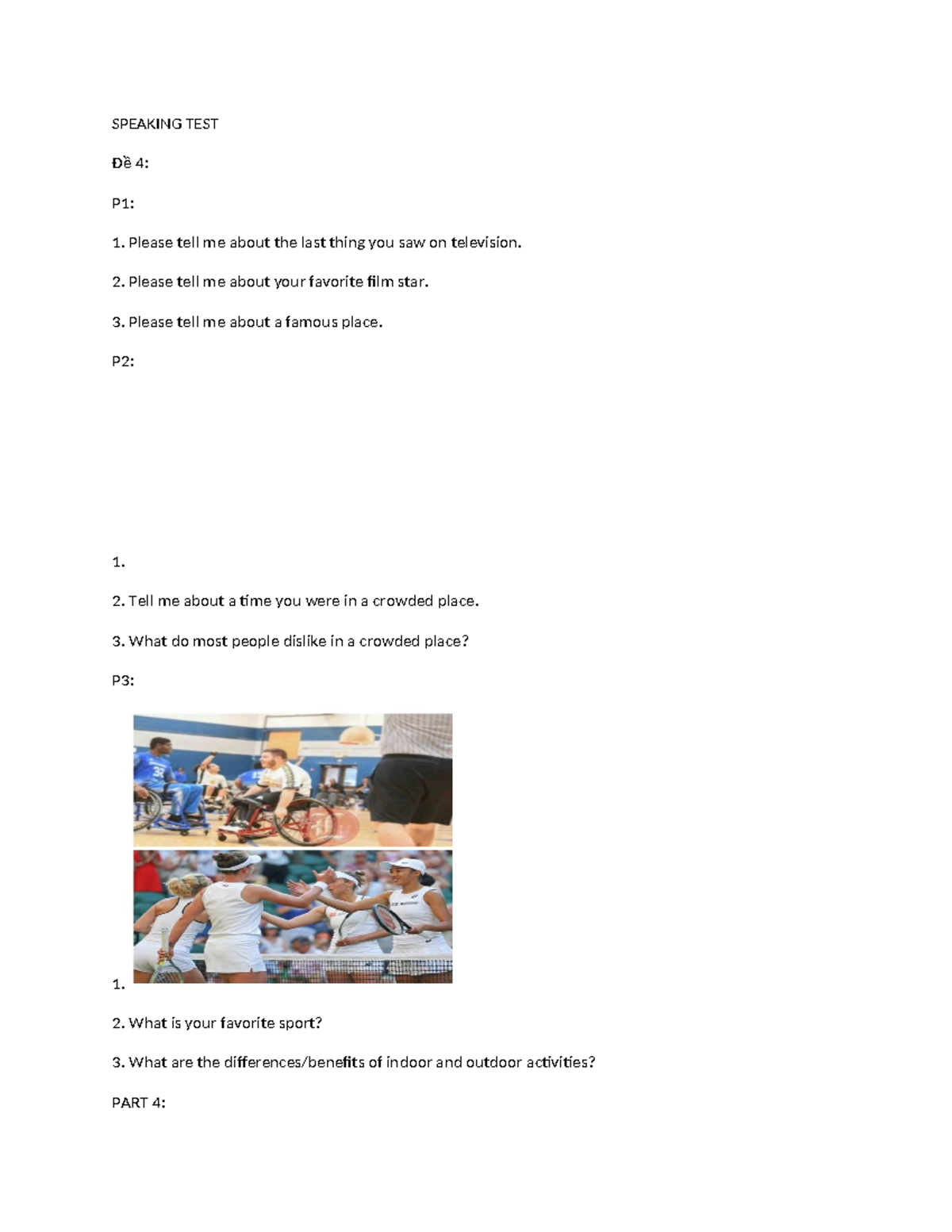 SPEAKING TEST Đề 4-15: Comprehensive Practice Questions - Studocu
