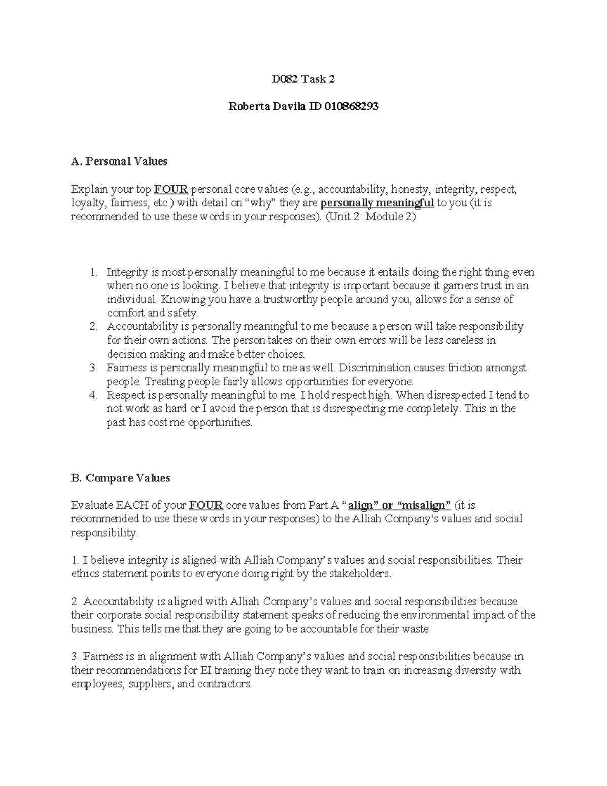 D082 Task 2: Personal Core Values & Cultural Intelligence Analysis ...