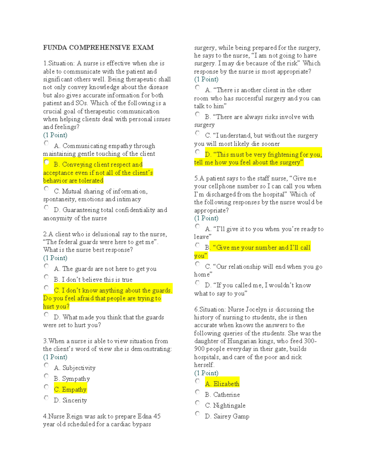 FUNDA COMPREHENSIVE EXAM: Nursing Skills & Knowledge Assessment - Studocu