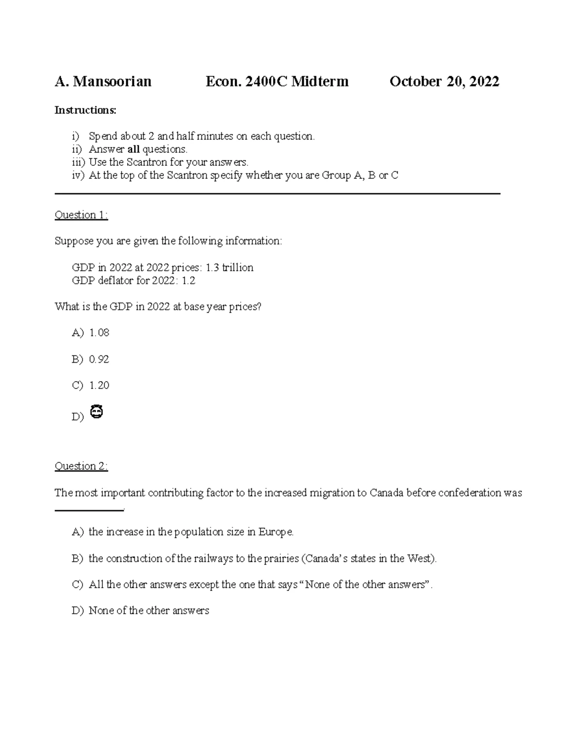 Econ. 2400 A Midterm Exam Guide - Key Topics & Sample Questions - Studocu