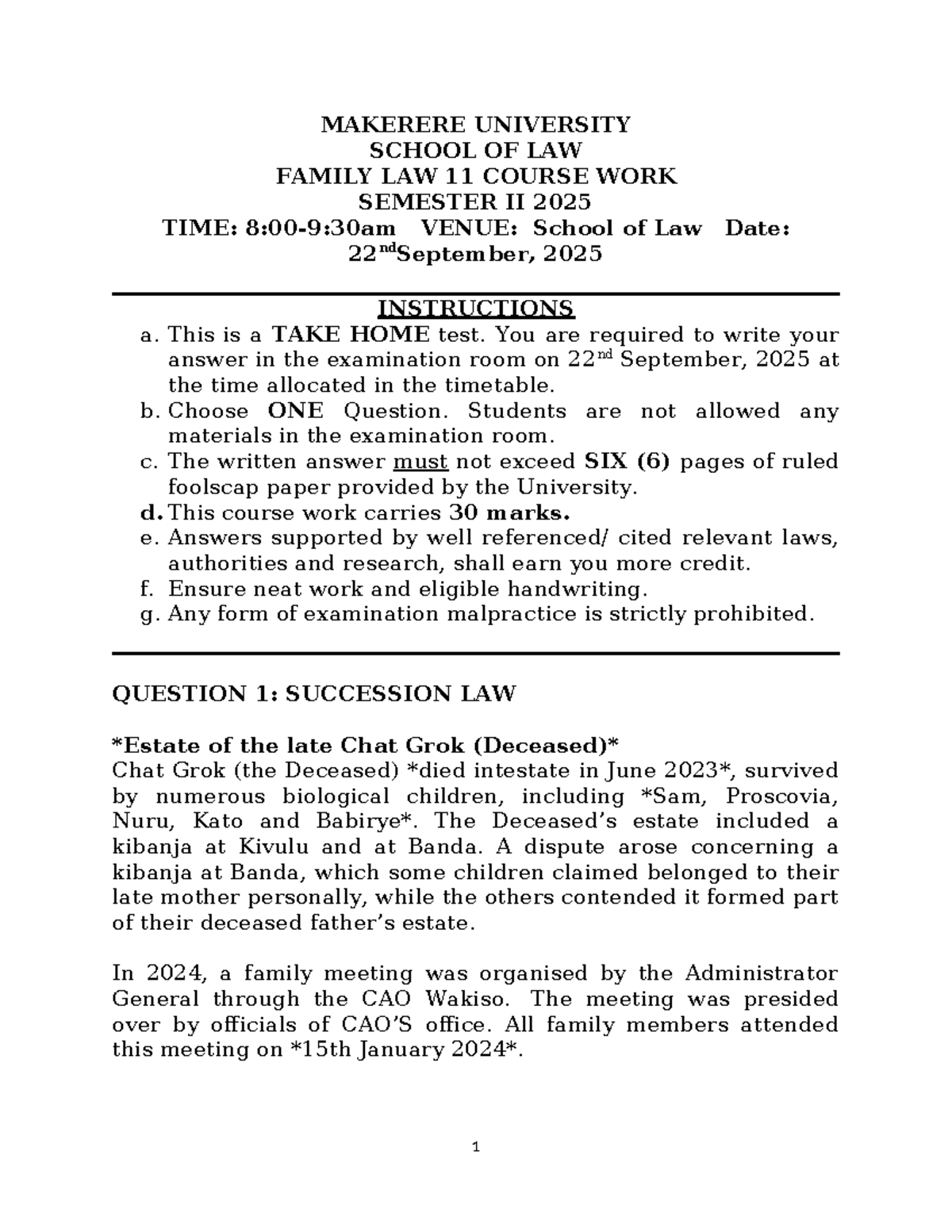 Coursework Family Law 11 - Take Home Exam - Sept 2025 - Studocu