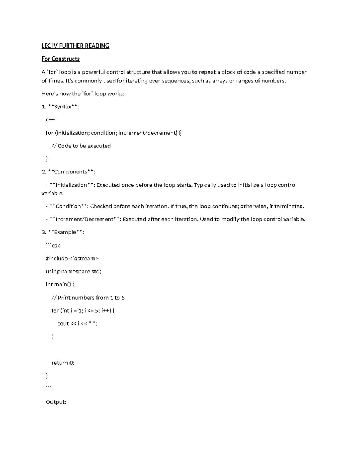COSC 104 LEC IV: For and While Loop Constructs in C++ - Studocu