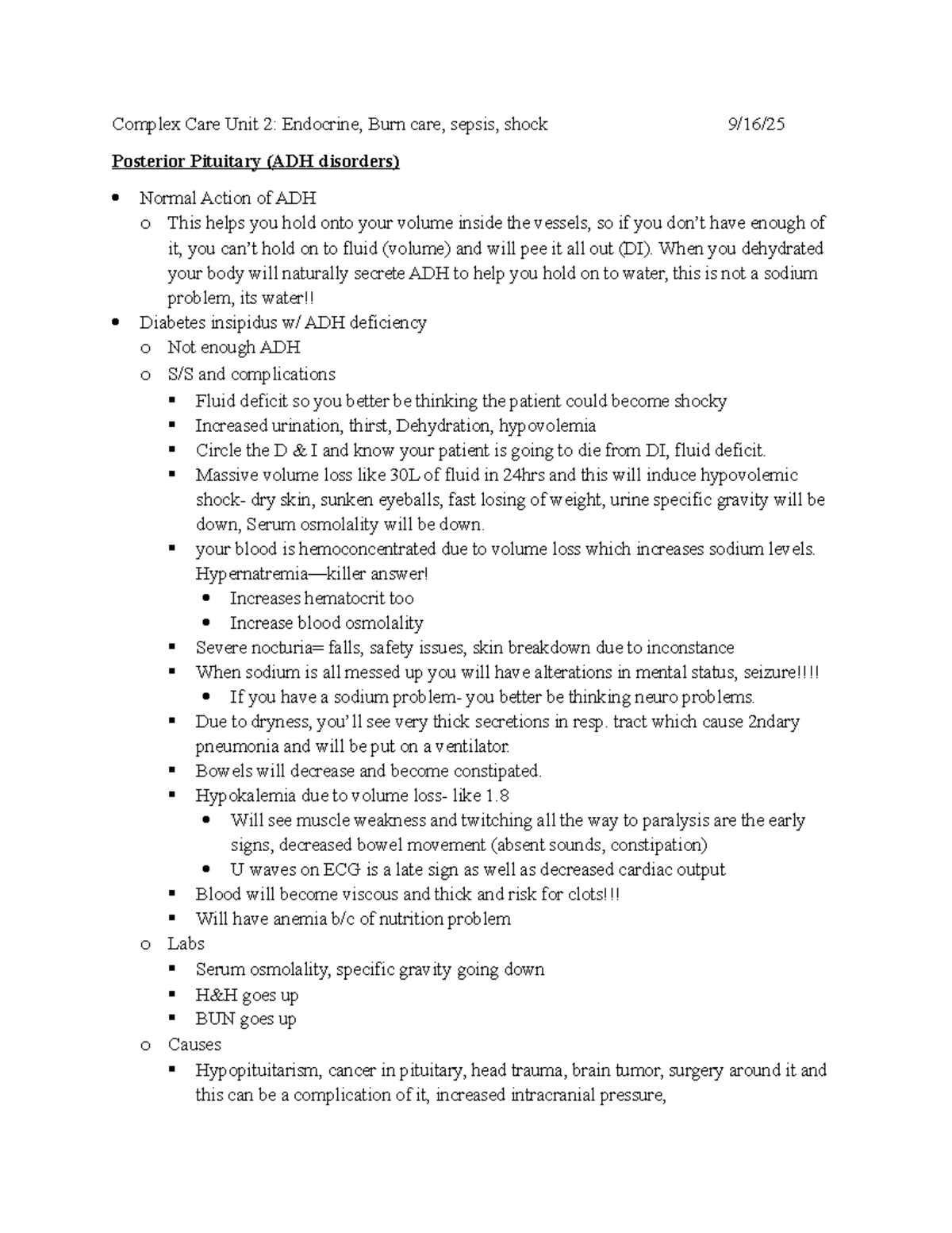 Complex Care Exam 2 Study Guide: Endocrine, Burn Care, and Shock - Studocu