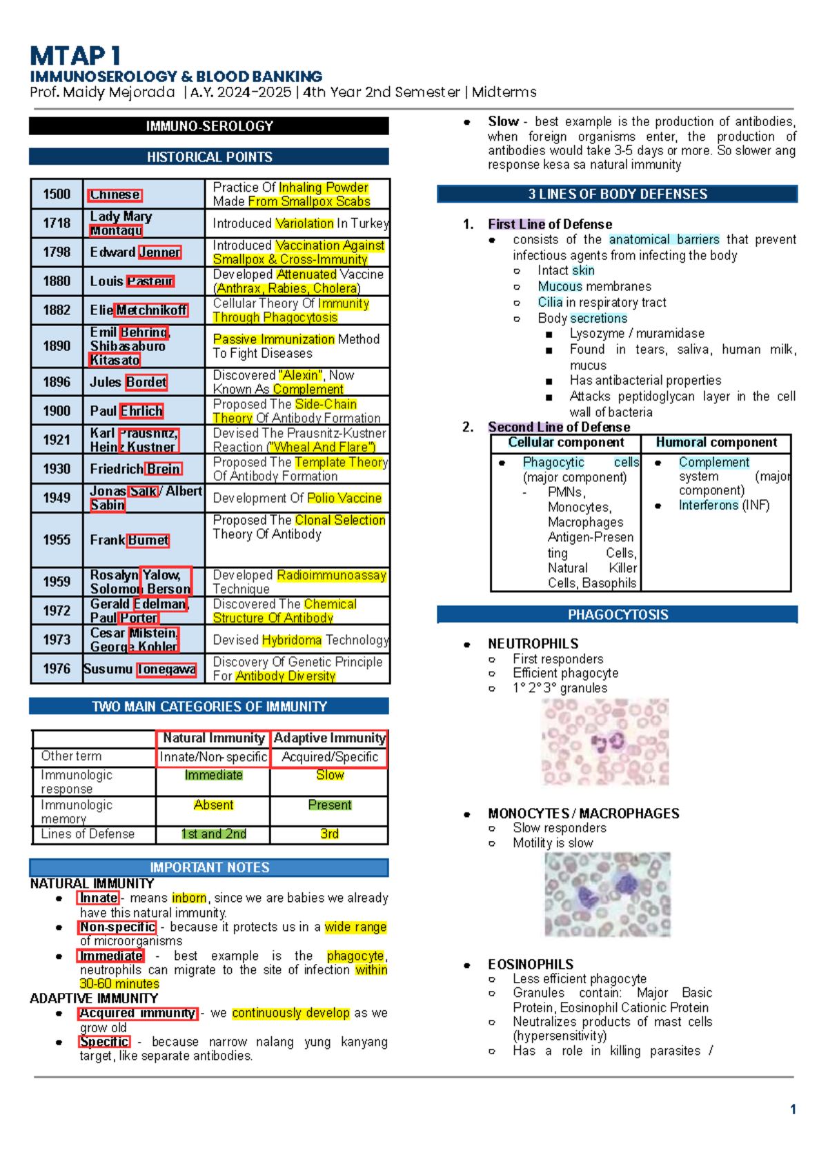 MTAP 1 IMMUNOSEROLOGY BLOOD Midterm Study Notes by Prof. Maidy Mejorada ...