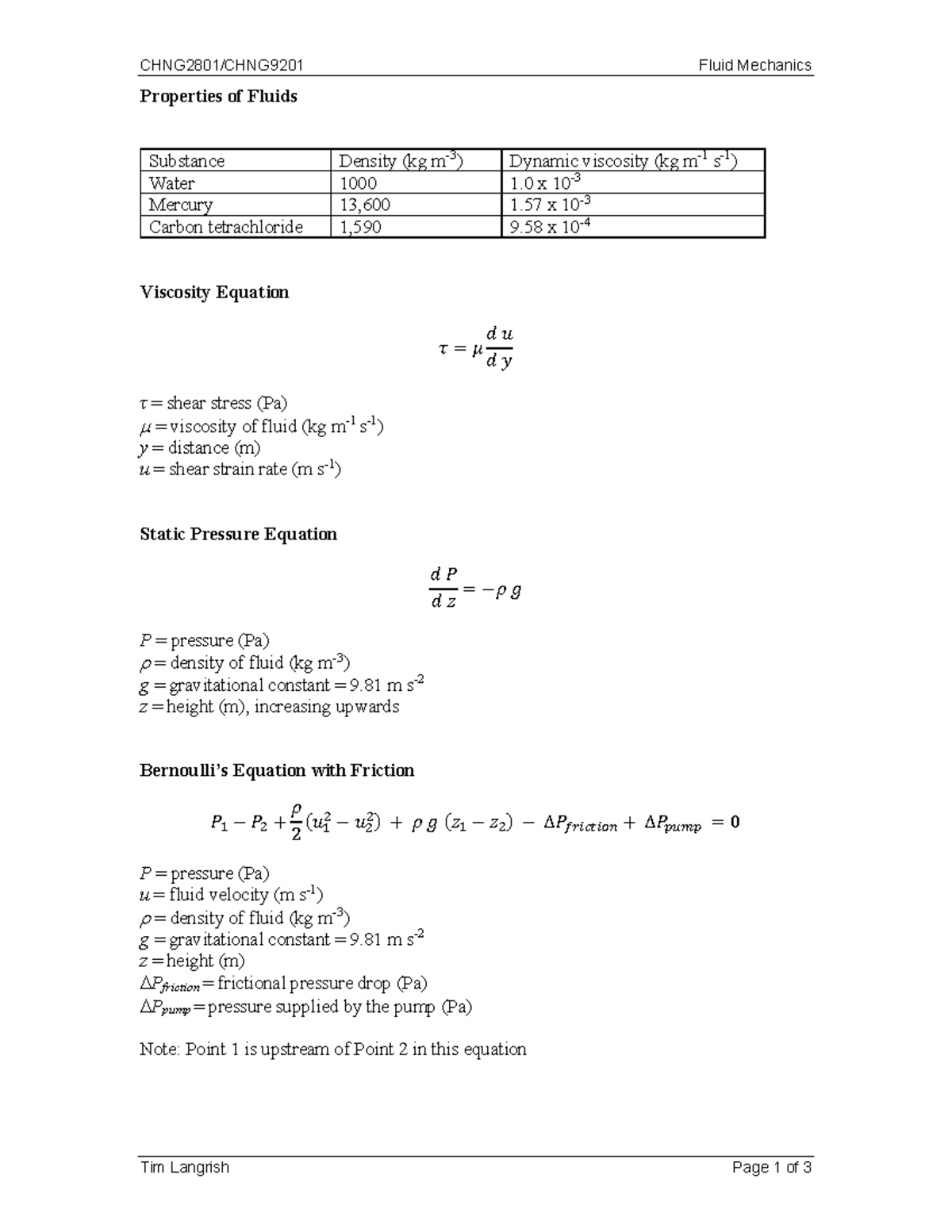 CHNG2801/CHNG9201 Fluid Mechanics Quiz Info Sheet 2024 - Studocu