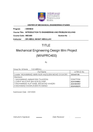 Lab Report 1: MEC400 - Introduction to Engineering & Problem Solving ...