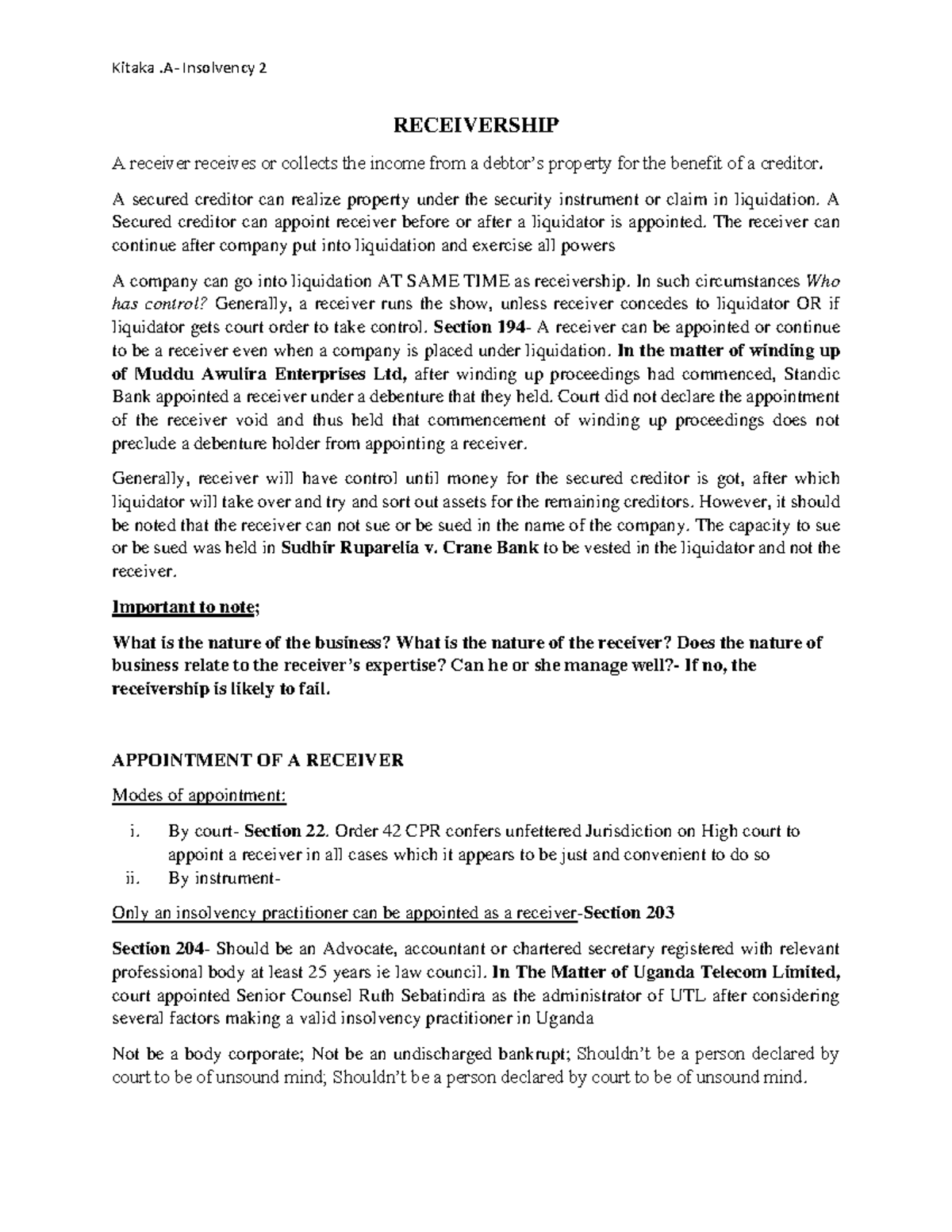 In-depth Analysis of Receivership: Legal Framework and Practice - Studocu