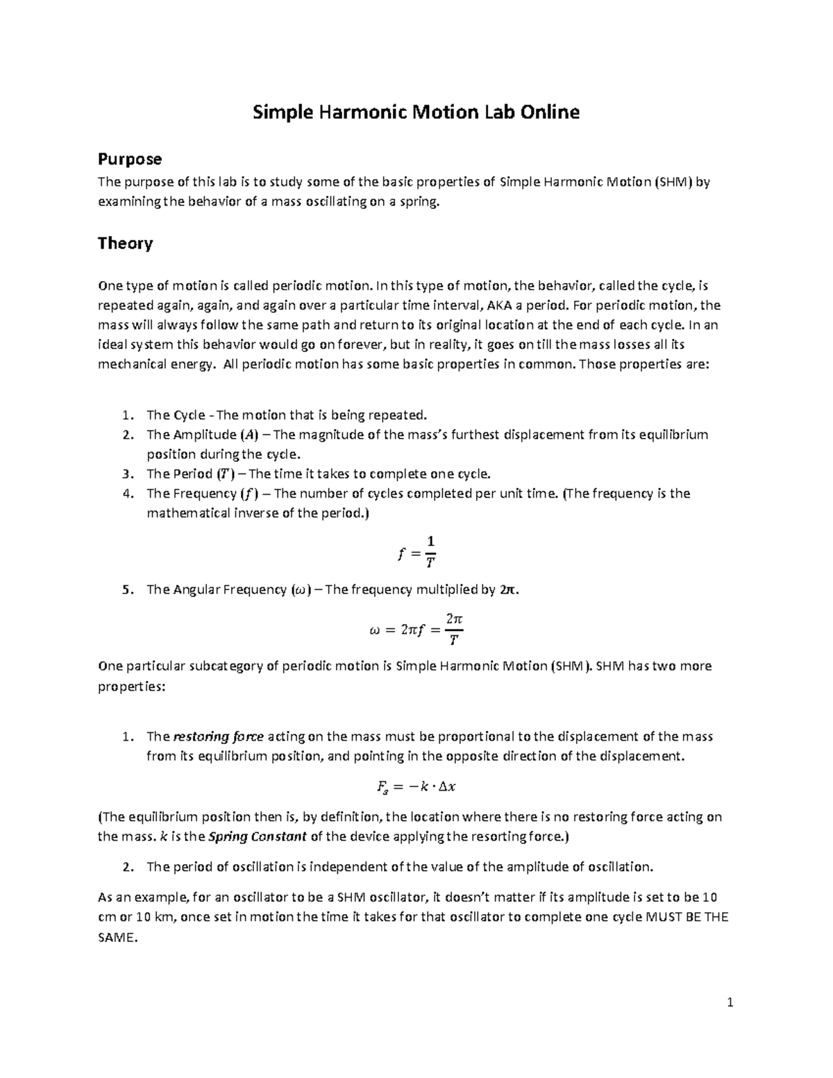 Fall 2023 Simple Harmonic Motion (SHM) Lab Analysis and Procedure - Studocu