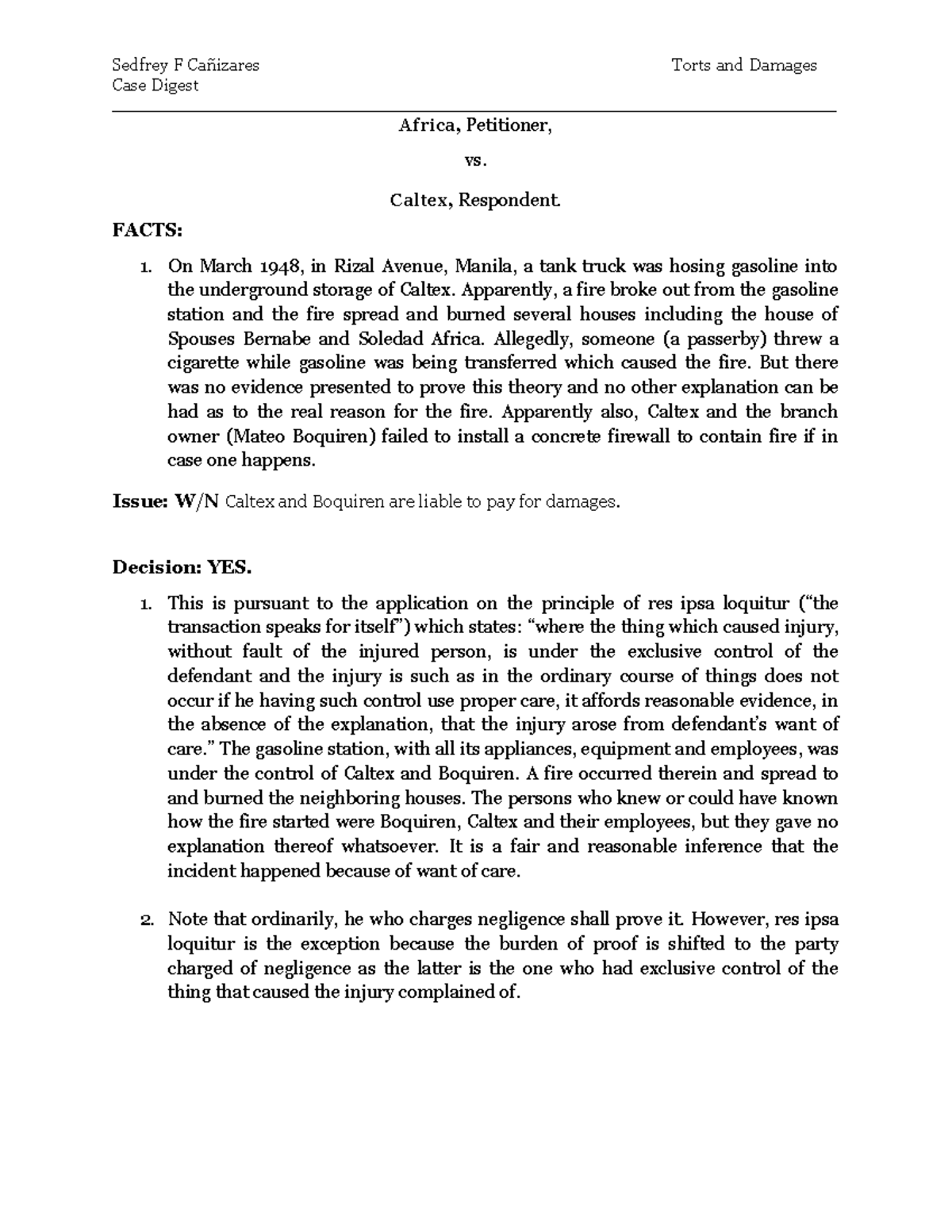 Torts Case Digest: Africa vs Caltex - Liability for Damages - Studocu