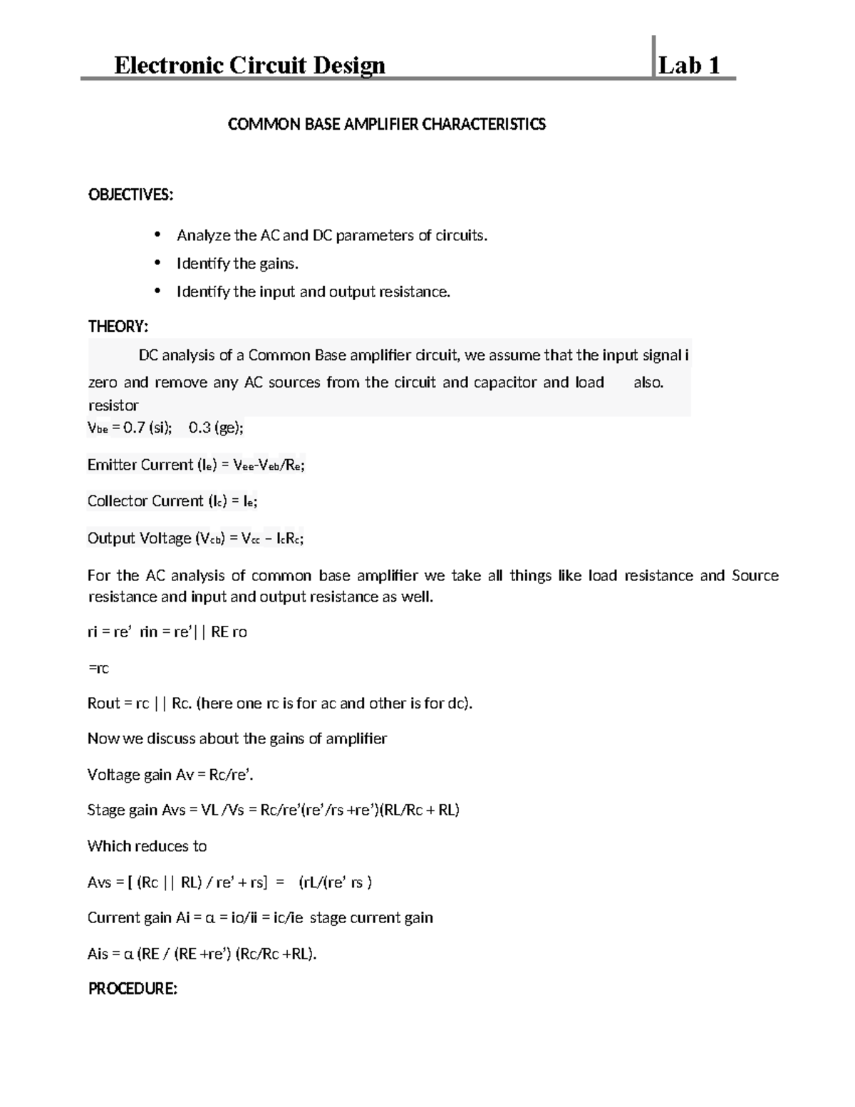 Lab 1 - Lqb 1 - COMMON BASE AMPLIFIER CHARACTERISTICS OBJECTIVES ...