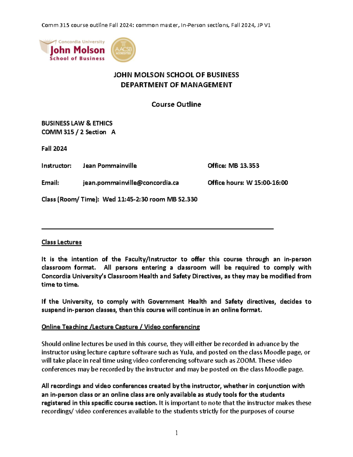 Course Outline COMM 315 A Winter 2024 - Business Law & Ethics - Studocu