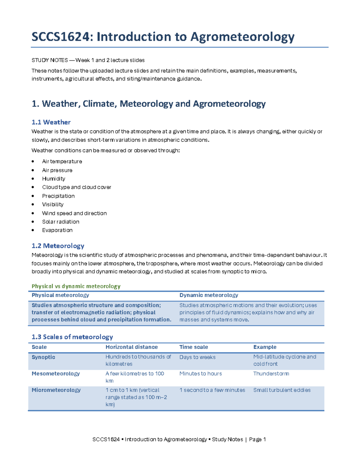 SCCS1624: Agrometeorology Study Notes for Weeks 1 & 2 - Studocu