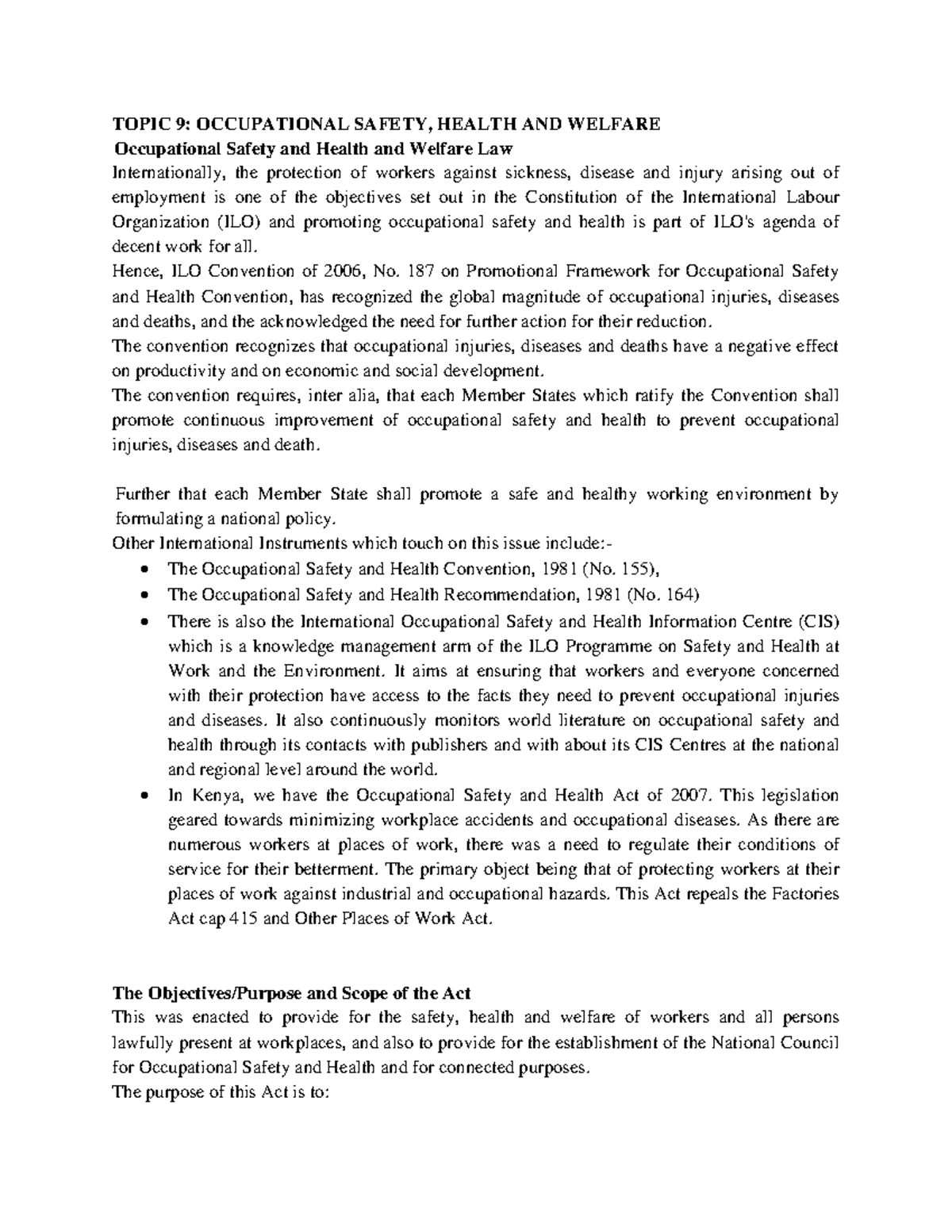 Topic 9: Occupational Safety, Health & Welfare Laws (Labour Law) - Studocu