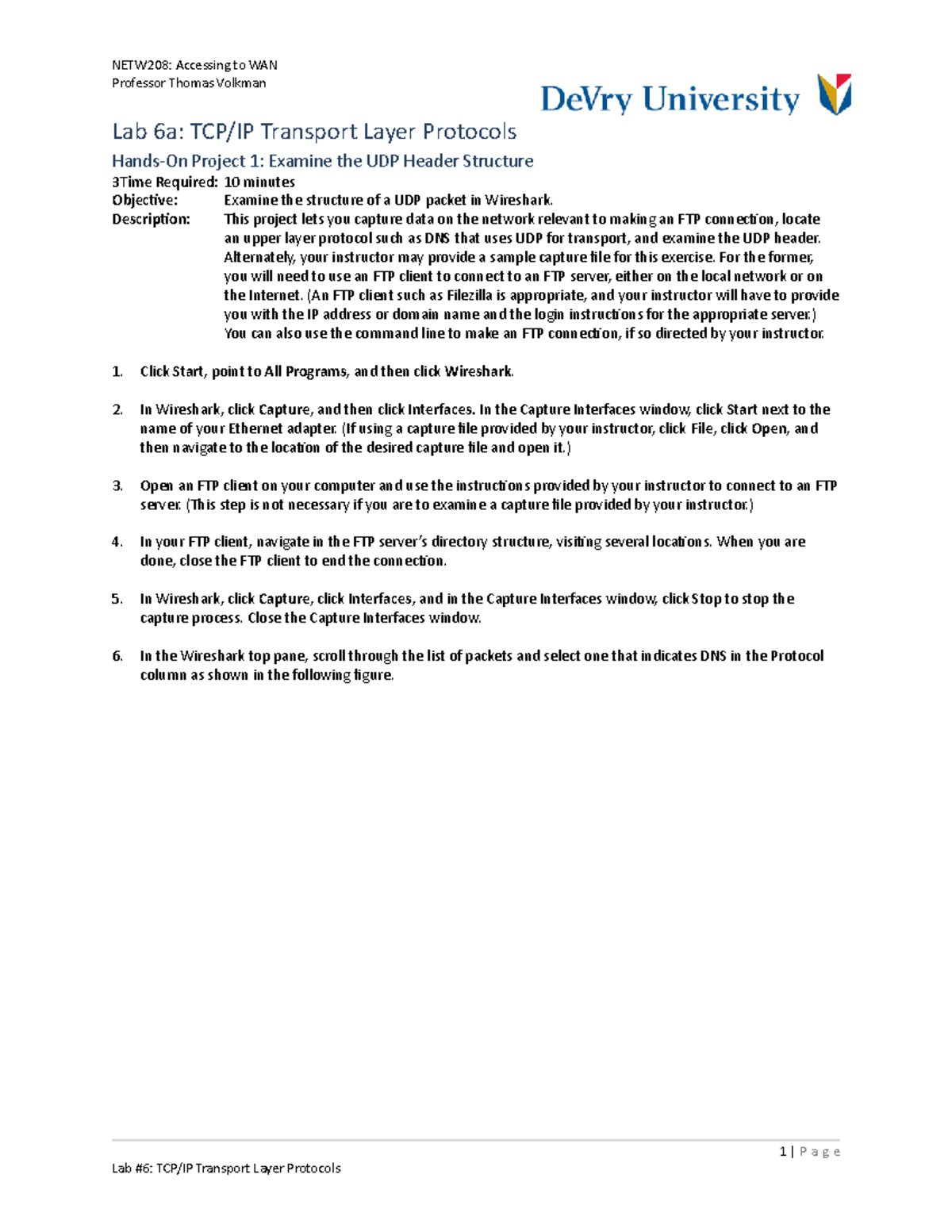 NETW208 Lab 6a: TCP/IP Transport Layer Protocols Analysis Guide - Studocu