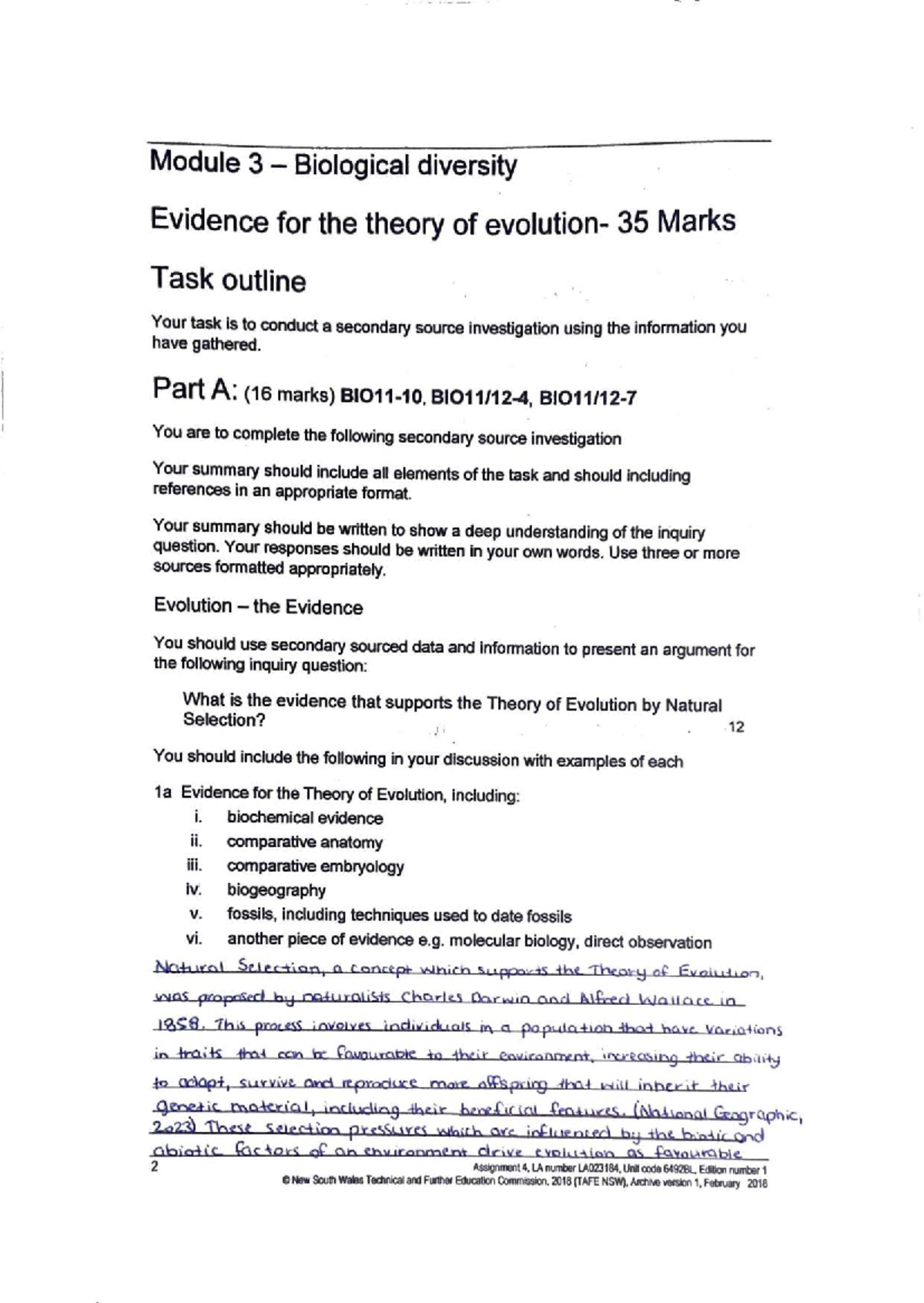 Biology Assignment 4: Evidence for Evolution & Natural Selection ...