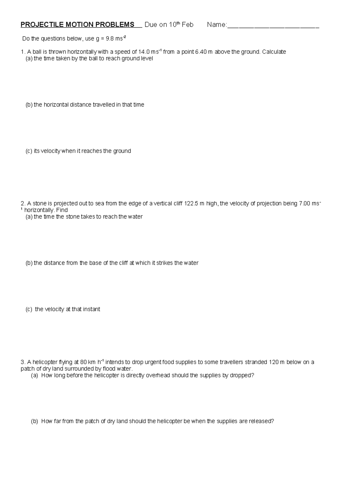 Projectile Motion Problems Worksheet - Physics 101 - Studocu
