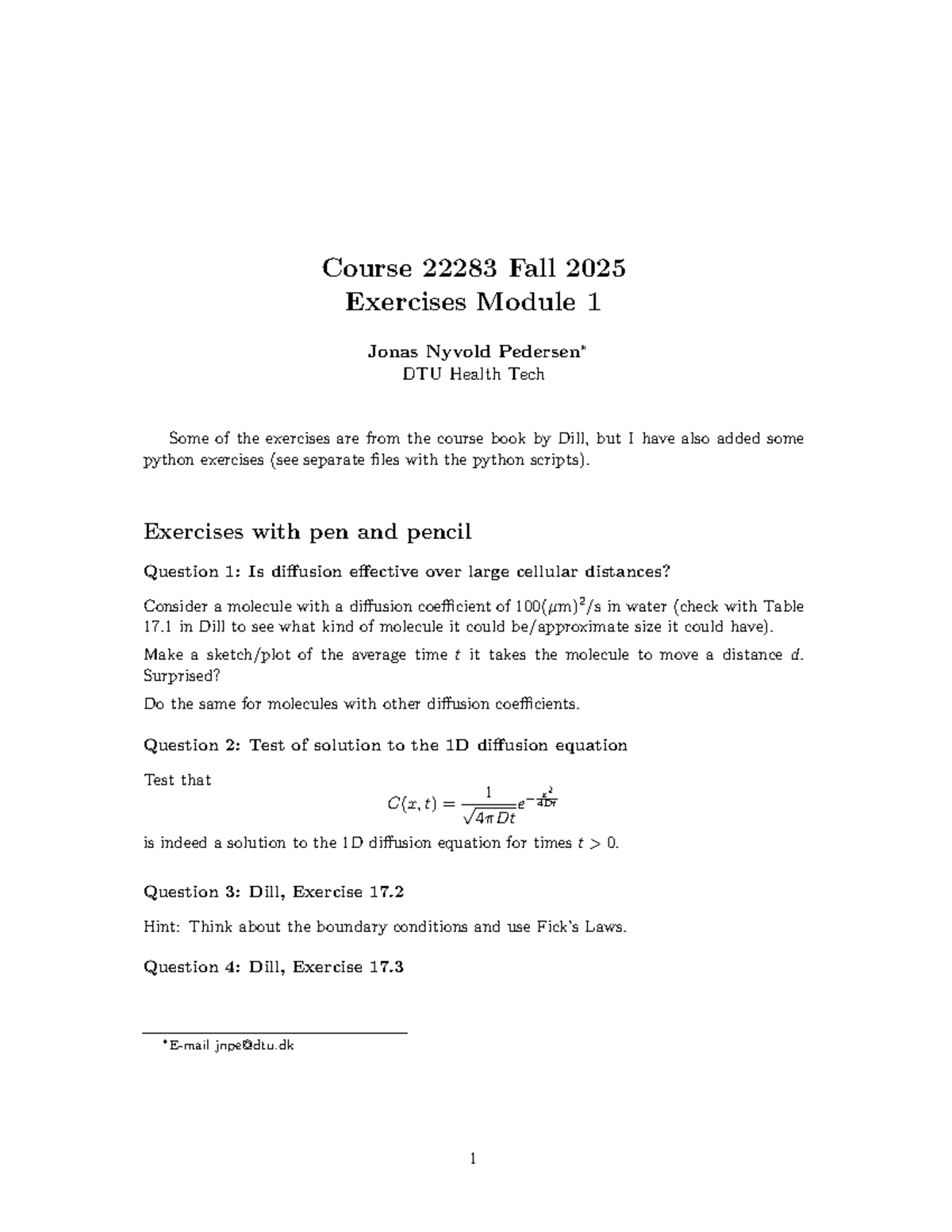 22283 Fall 2025 Exercises Module 1: Diffusion & Python Simulations ...