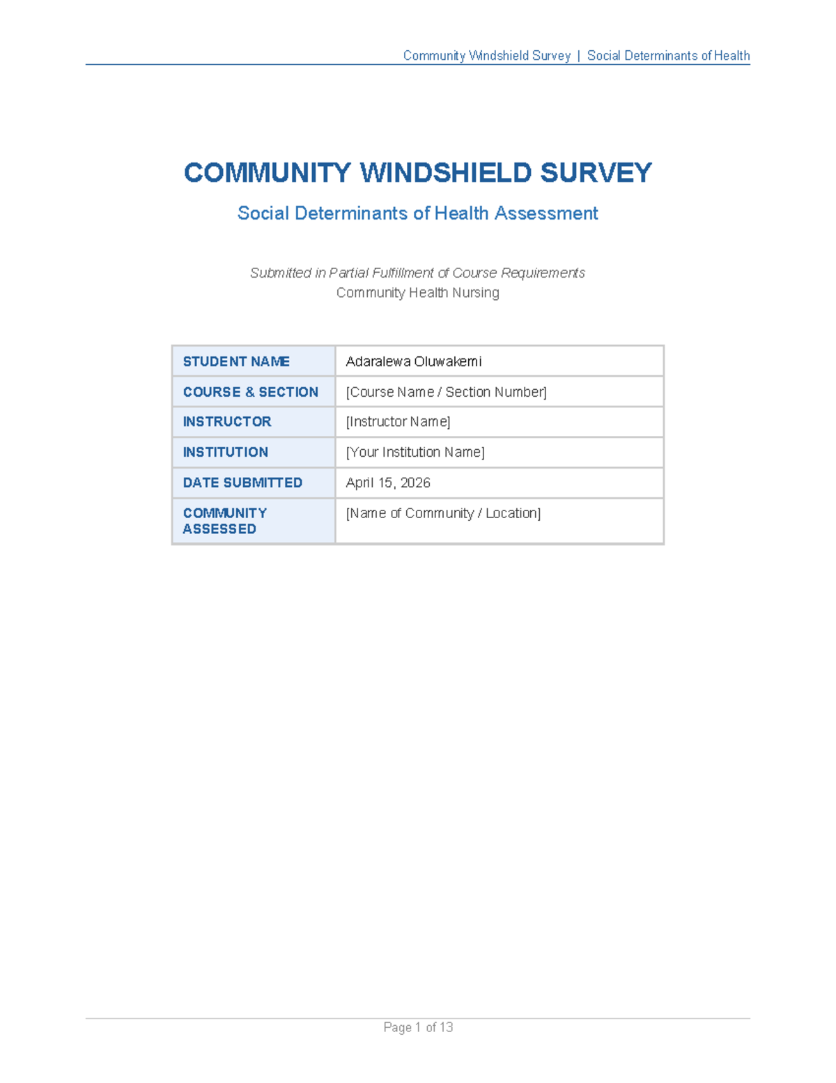 Community Windshield Survey: Social Determinants of Health Analysis ...
