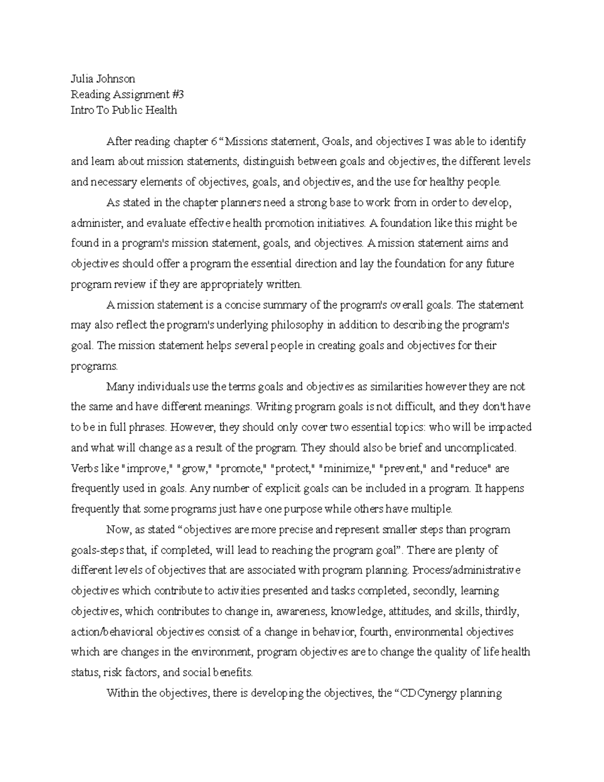 Reading Assignment 3 - CH 6: Mission Statements, Goals & Objectives ...