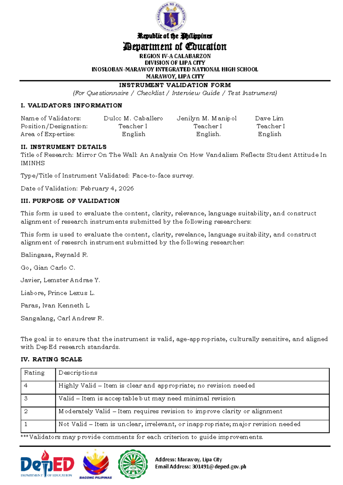 Validation Form for Research Instrument: Mirror On The Wall (IMINHS ...