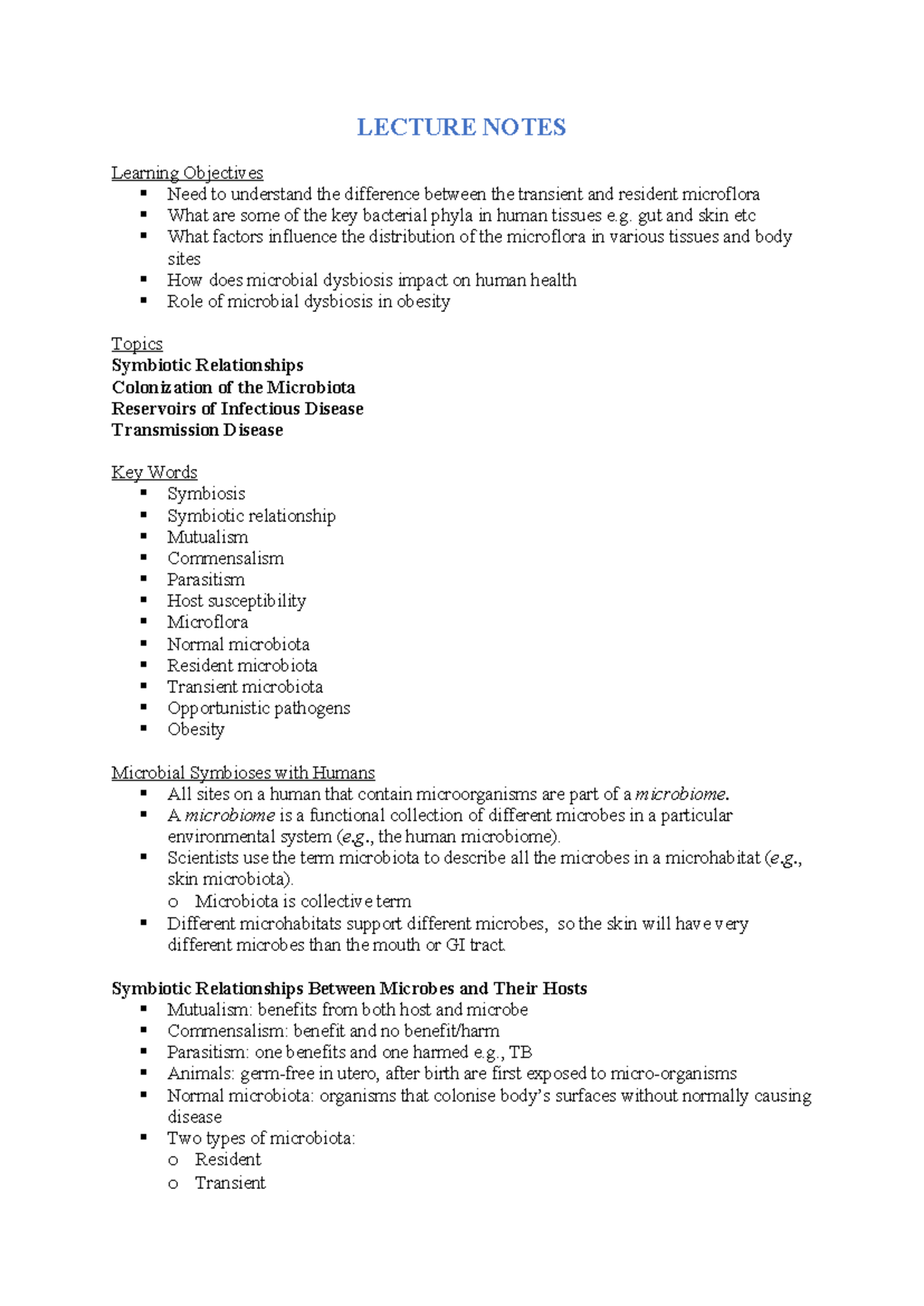 LECTURE NOTES: Microflora, Dysbiosis & Human Health (BIO101) - Studocu