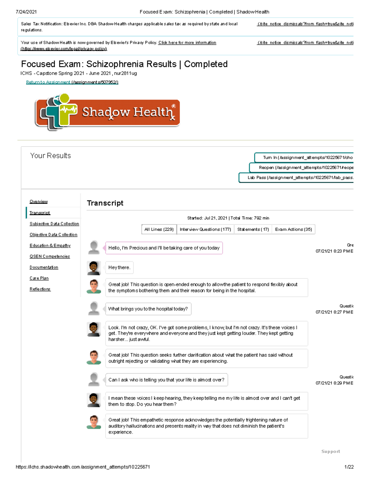 Focused Exam: Schizophrenia Results | Eric Ford Transcript - NUR2811UG ...