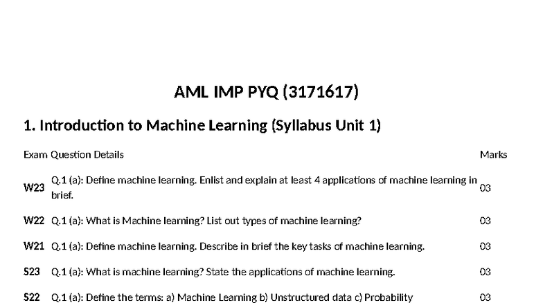 AML IMP Exam Questions (3171617) - Machine Learning Overview - Studocu