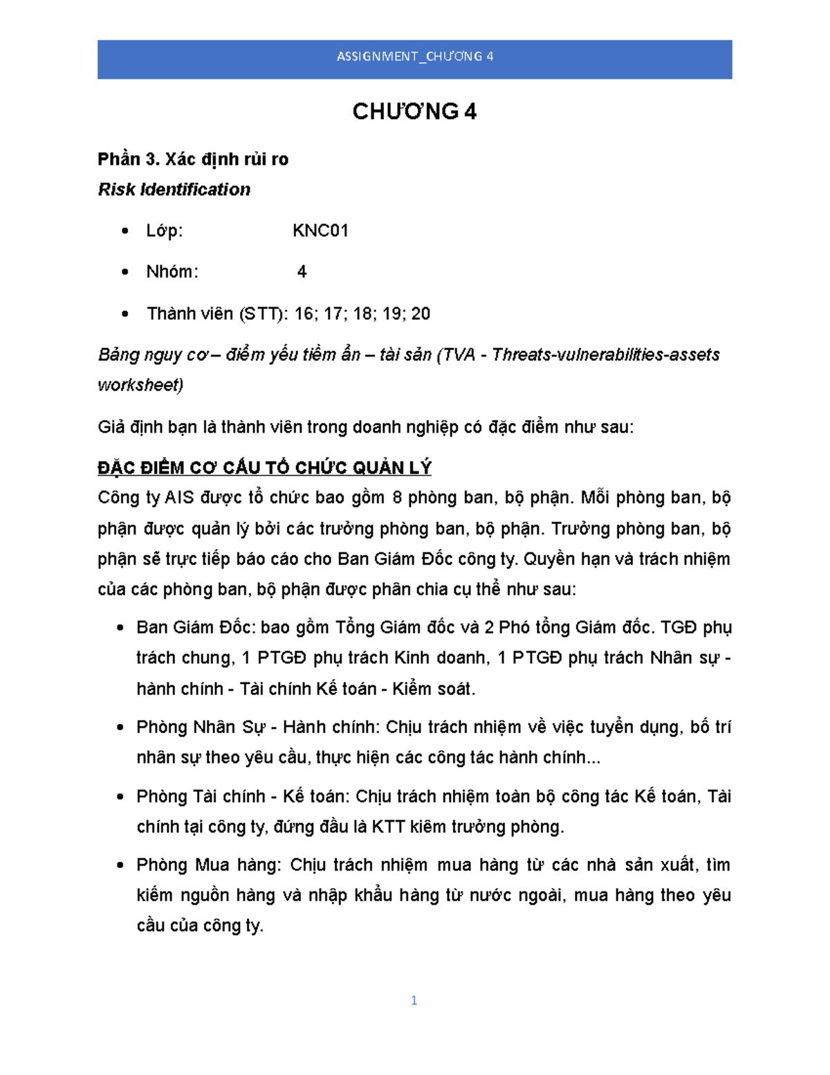 Bảng TVA Xác Định Rủi Ro - Assignment 4 KNC UEH PTL - Studocu